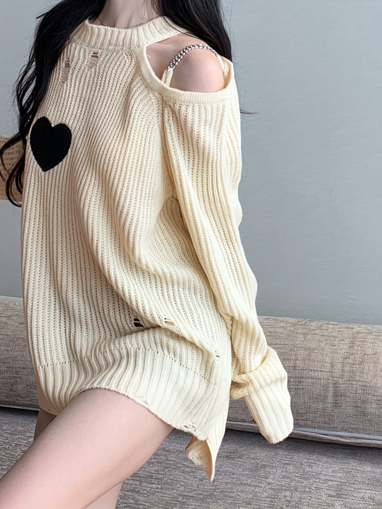 Sixsr Heart Pattern One-shoulder Ripped Sweater, Casual Long Sleeve Sweater For Fall & Winter, Women's Clothing