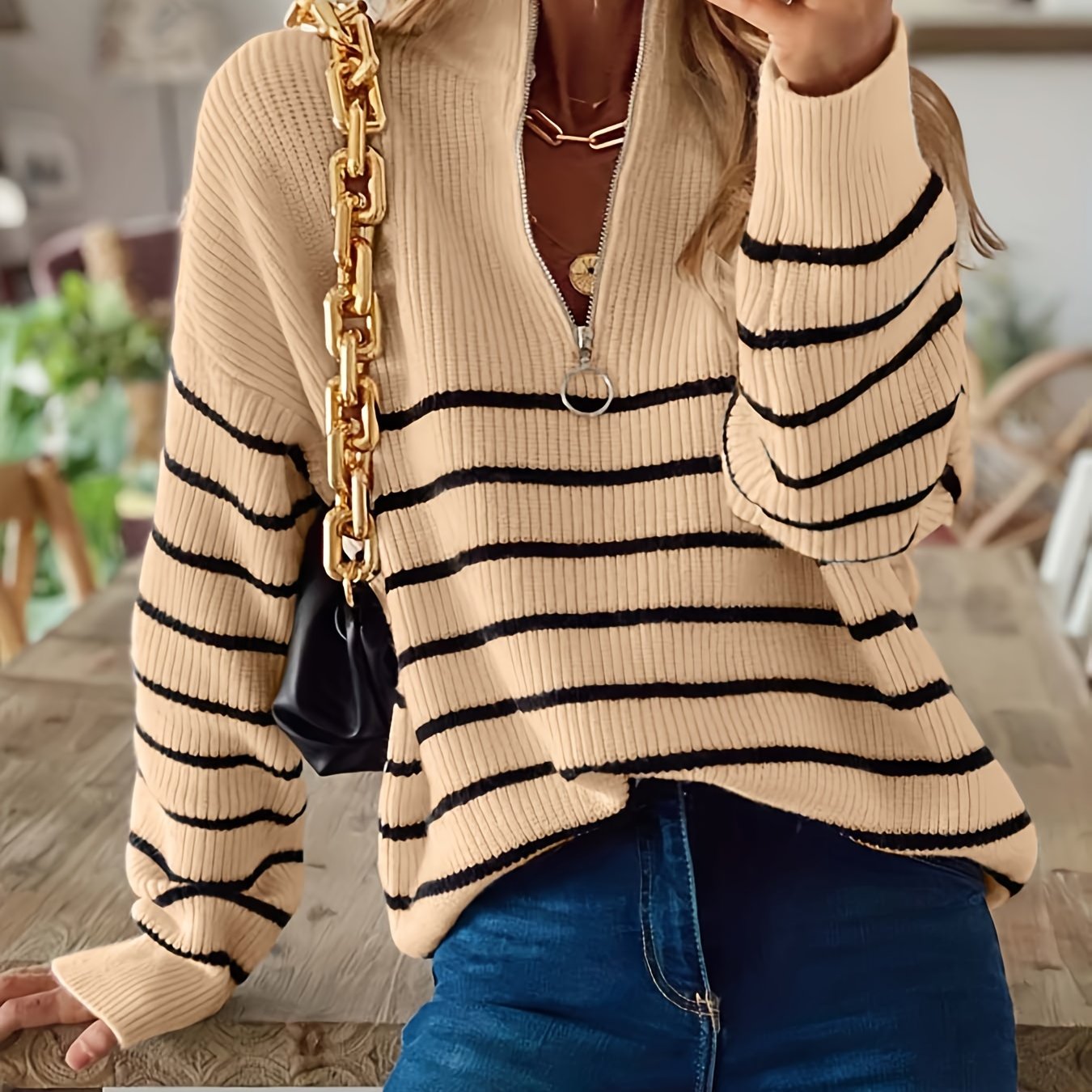 Sixsr Striped Zip Turtle Neck Pullover Sweater, Casual Long Sleeve Loose Sweater, Women's Clothing