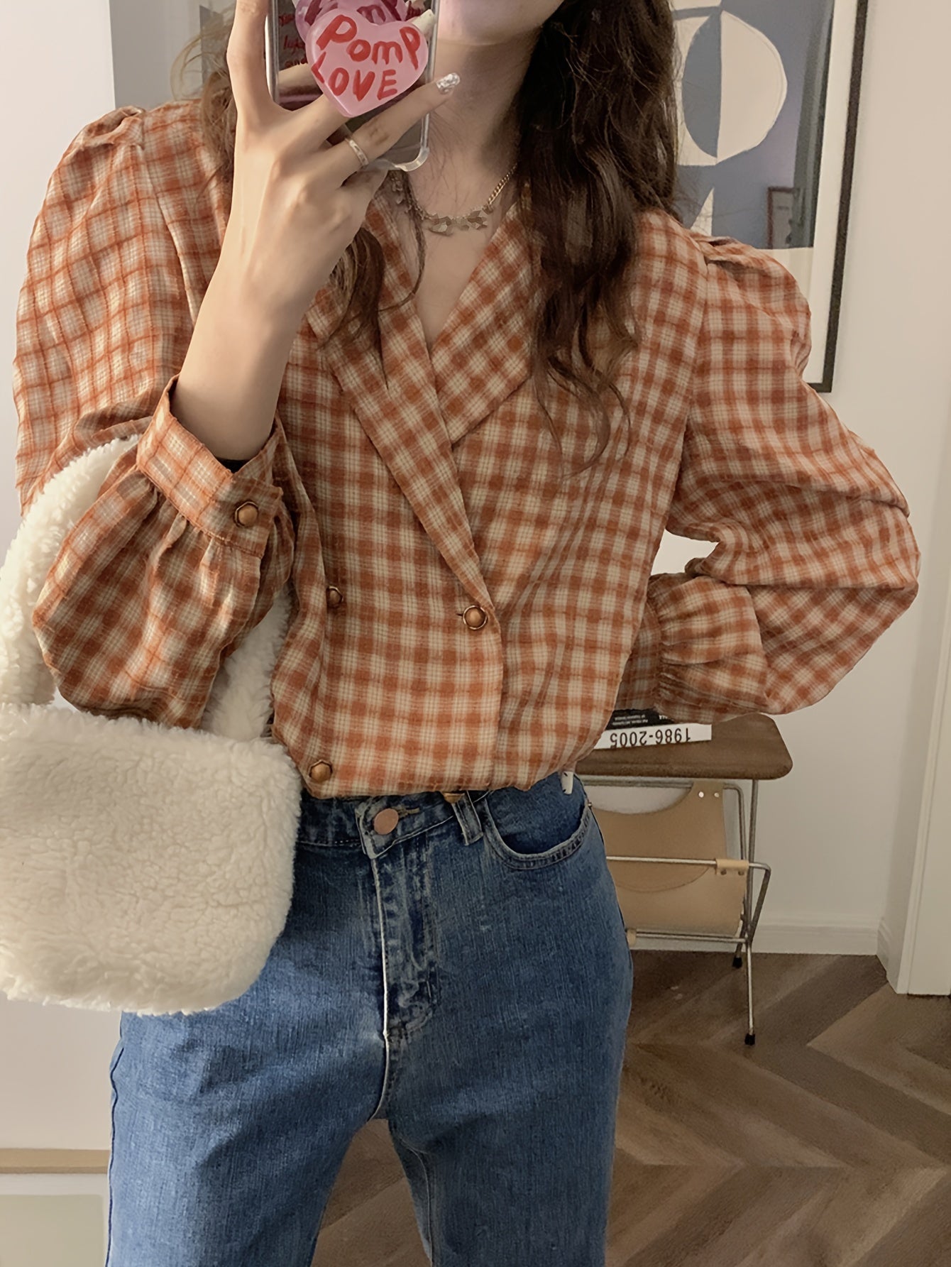 Sixsr Plaid Print Double-breasted Blouse, Elegant Puff Sleeve Notch Collar Blouse, Women's Clothing