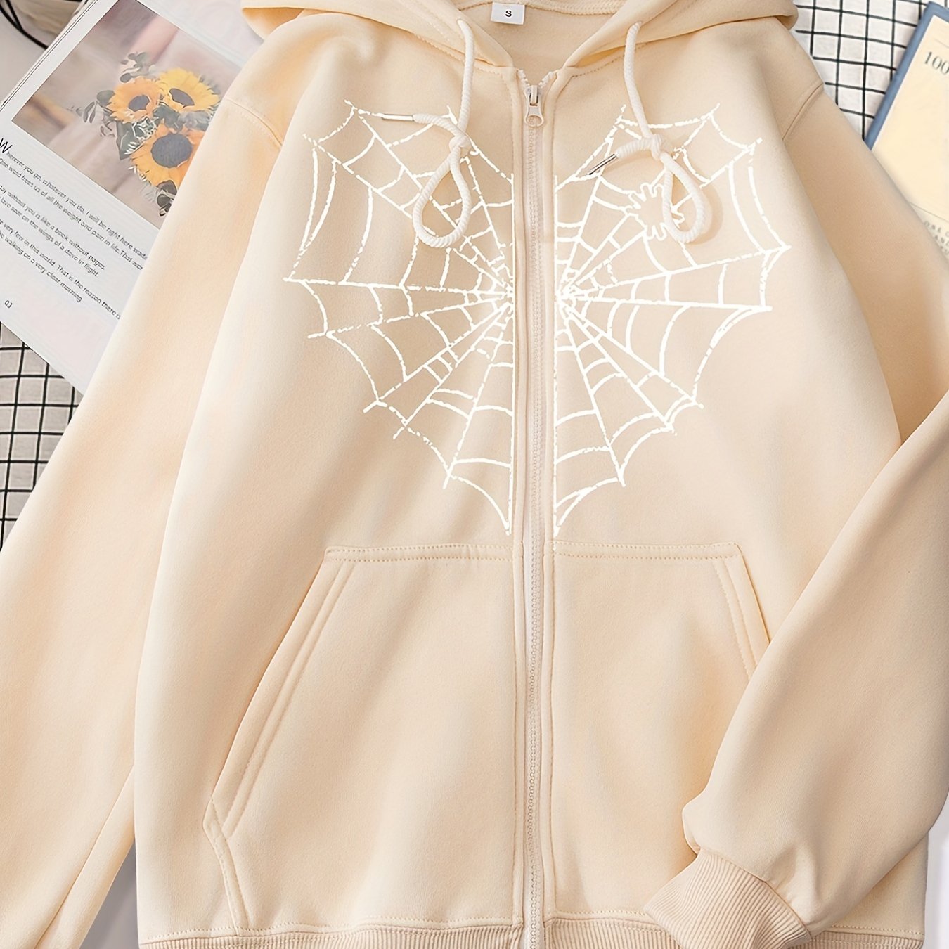 Sixsr Heart Web Print Zip Hoodie, Long Sleeve Zipper Thermal Hoodie Coat With Pocket, Streetwear Hooded Jacket
