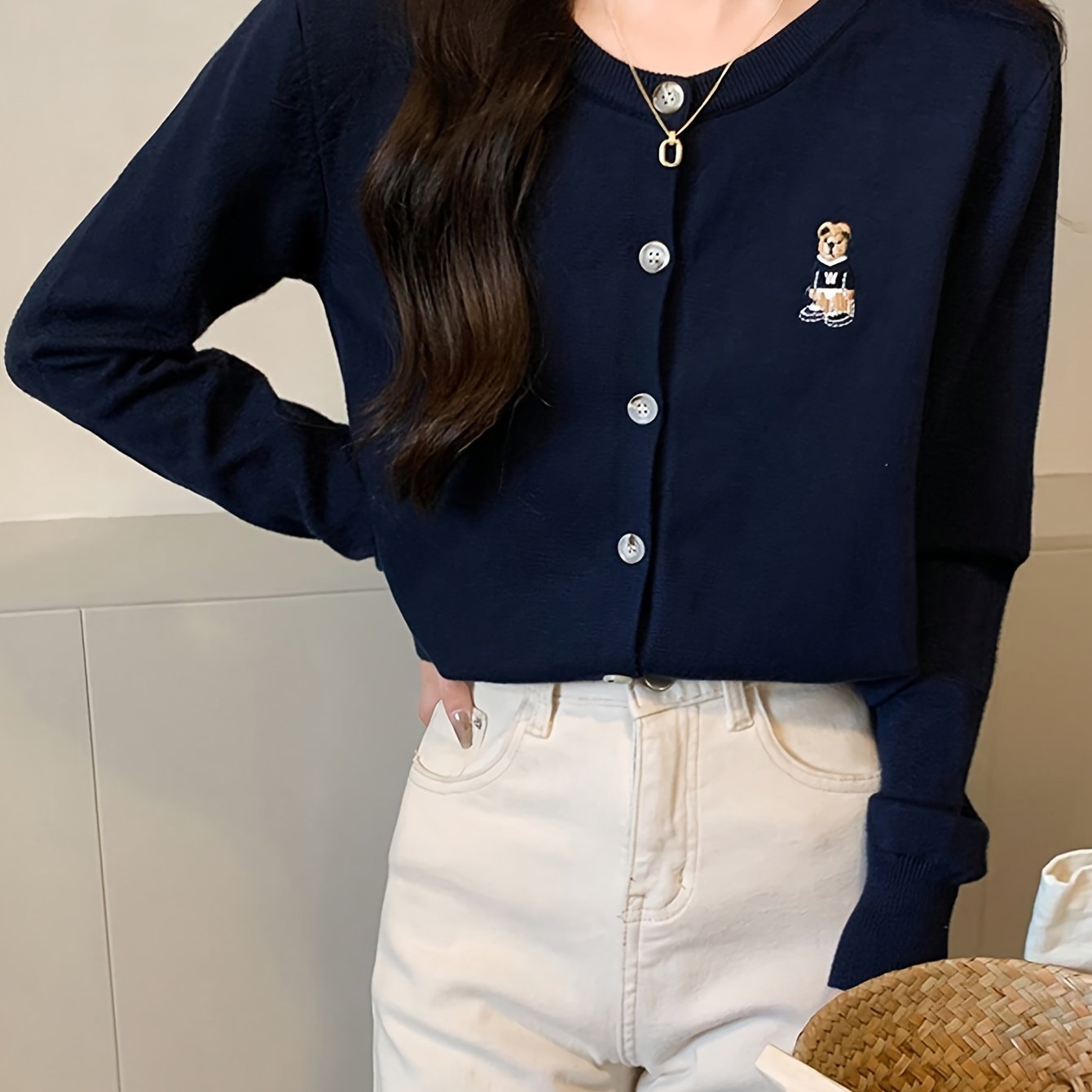 Sixsr Bear Pattern Button Front Cardigan, Casual Long Sleeve Cardigan For Spring & Fall, Women's Clothing