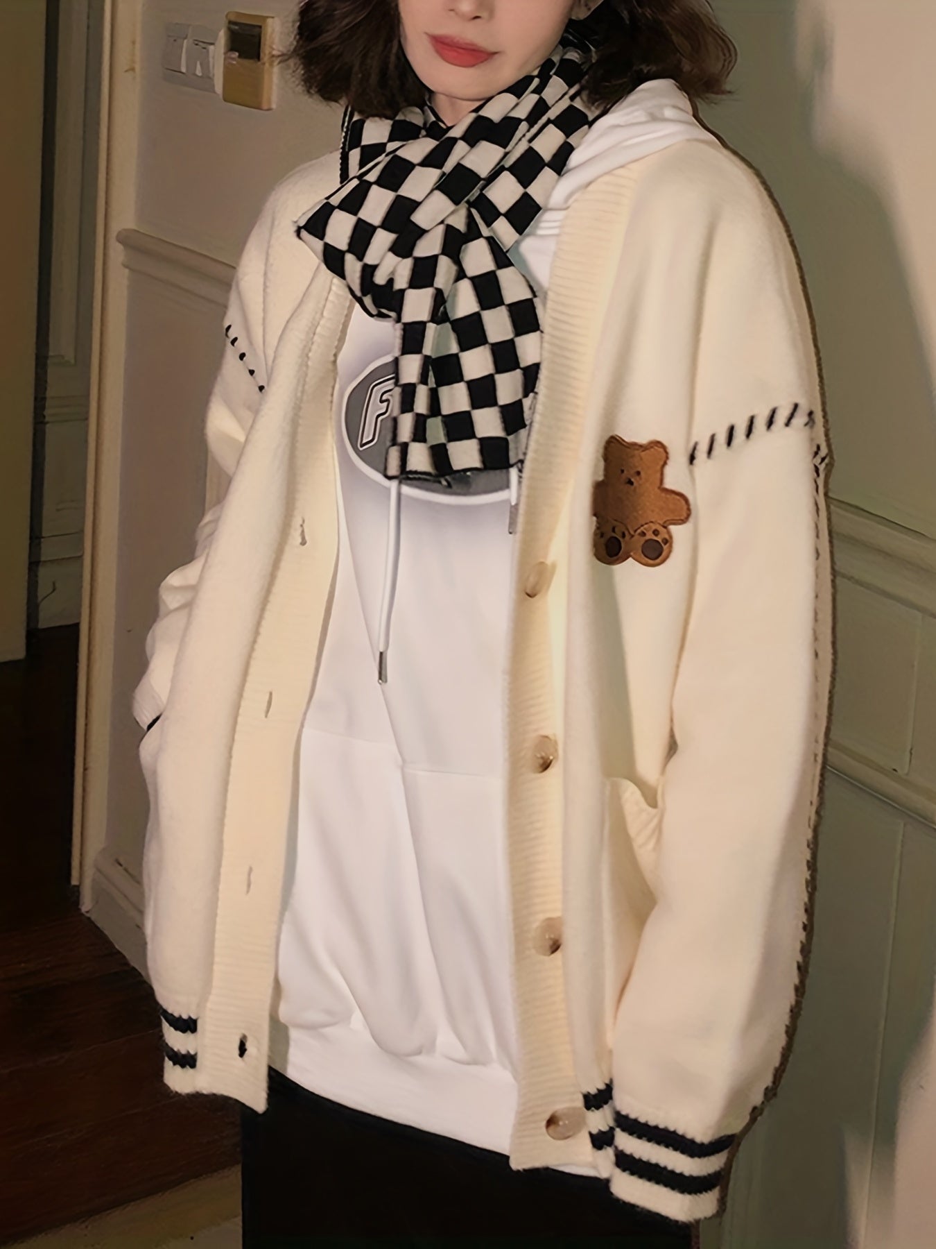 Sixsr Cute Bear Embroidered Cardigan, Casual Long Sleeve Cardigan For Fall & Winter, Women's Clothing