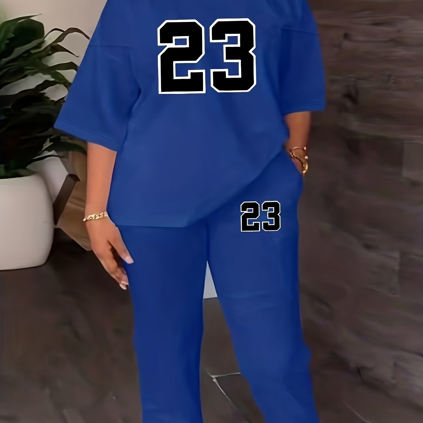 Sixsr 23 Number Print Casual Two-piece Set, Crew Neck Simple Tops & Long Length Jogger Pants Outfits, Women's Clothing