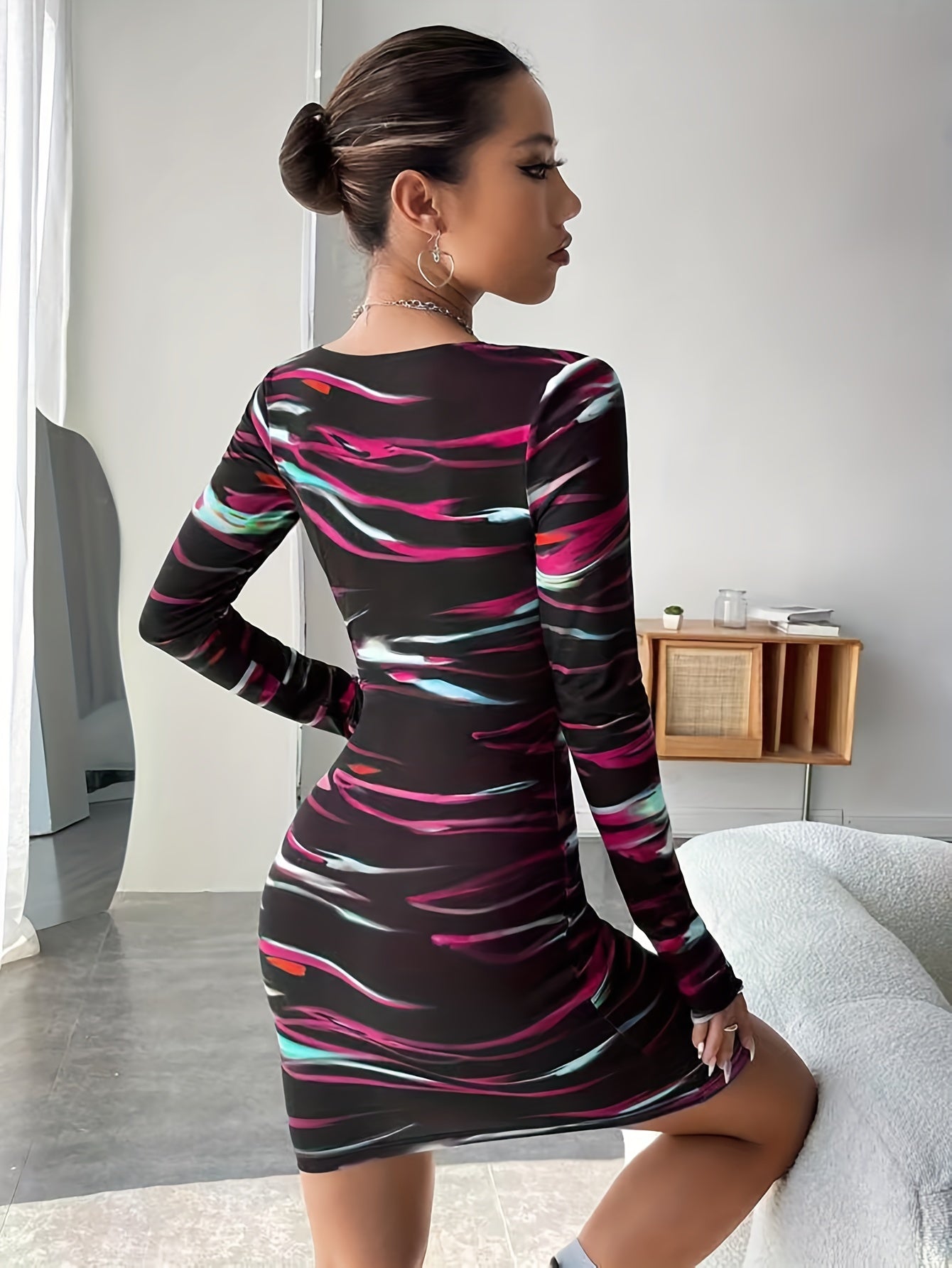 Sixsr Abstract Print Bodycon Dress, Sexy Long Sleeve Bag Hip Dress, Women's Clothing