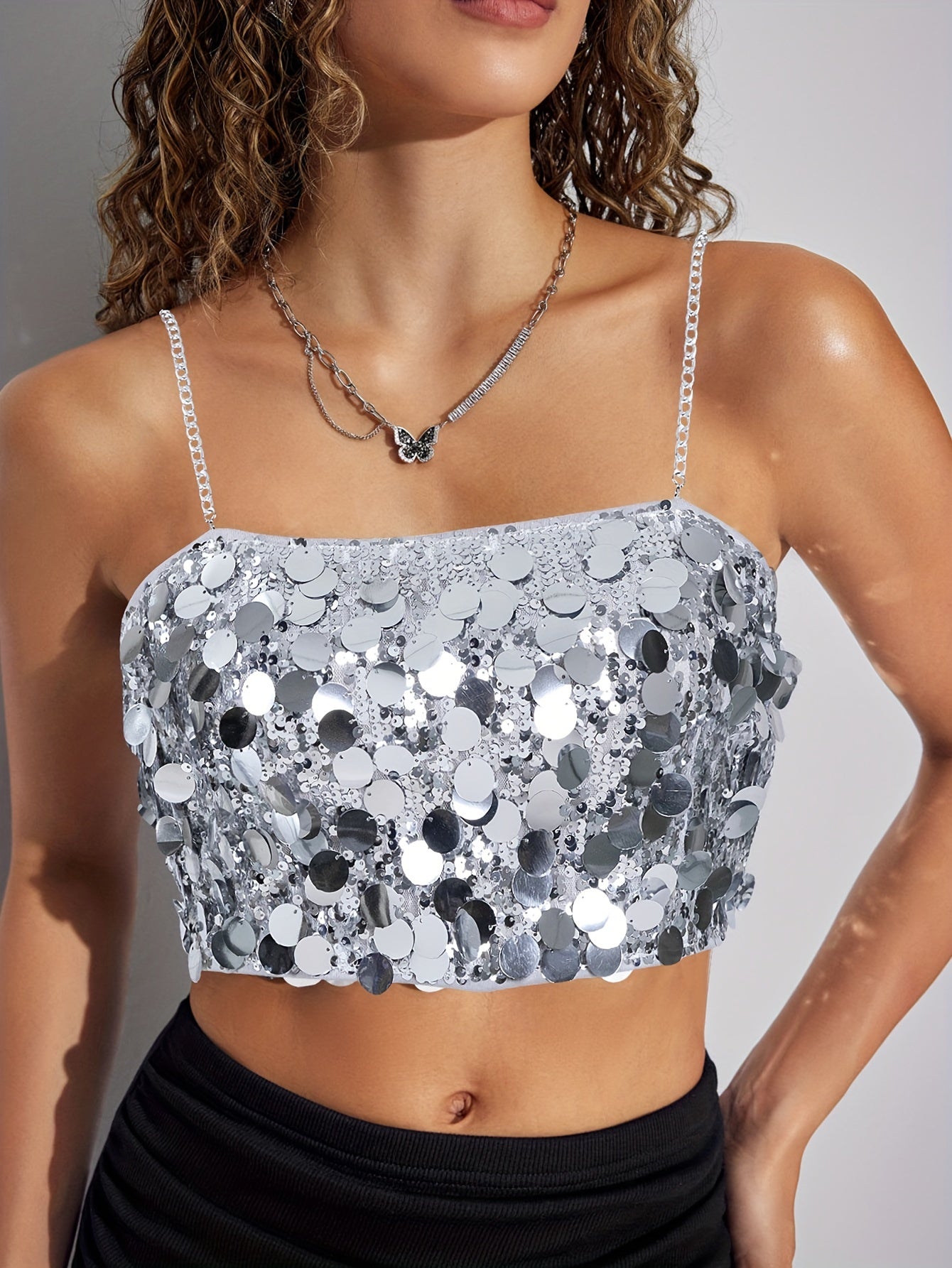 Sixsr Sequined Chain Strap Cami Top, Elegant Sleeveless Zip Back Top For Summer & Spring, Women's Clothing
