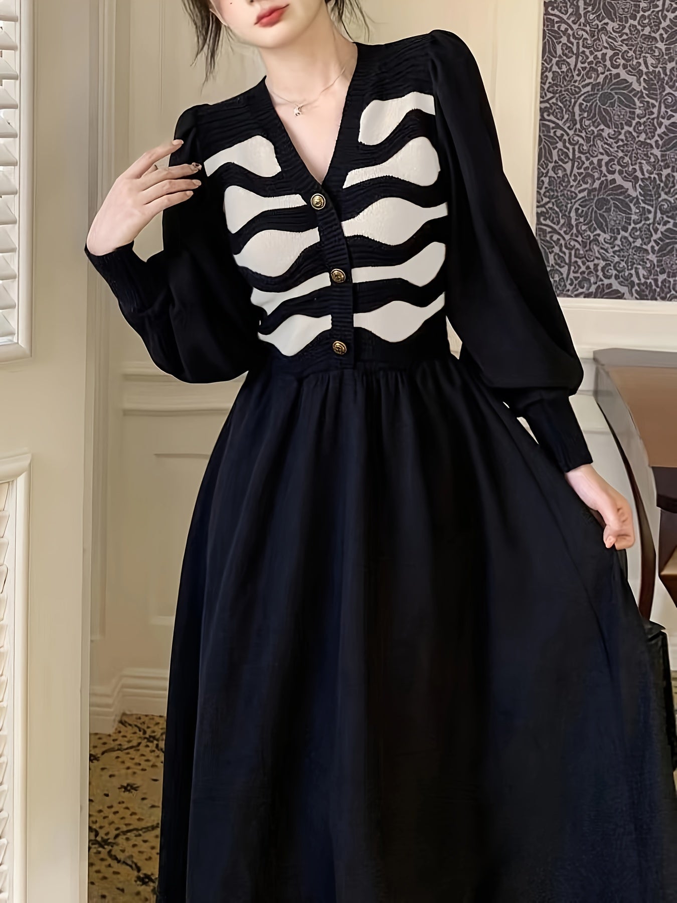 Sixsr Color Block Button Front Dress, Elegant Long Sleeve V Neck Dress, Women's Clothing