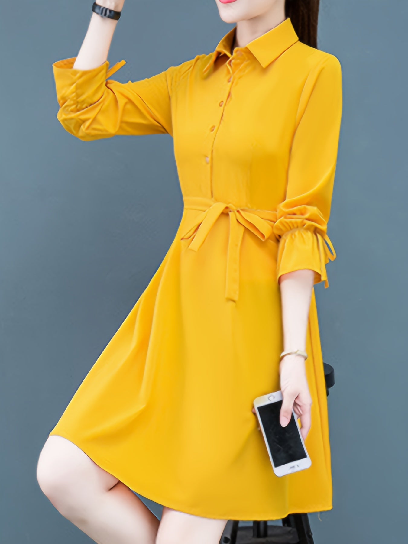 Sixsr Button Front Long Sleeve Shirt Dress, Casual Tie-waist Lapel Neck Dress, Women's Clothing