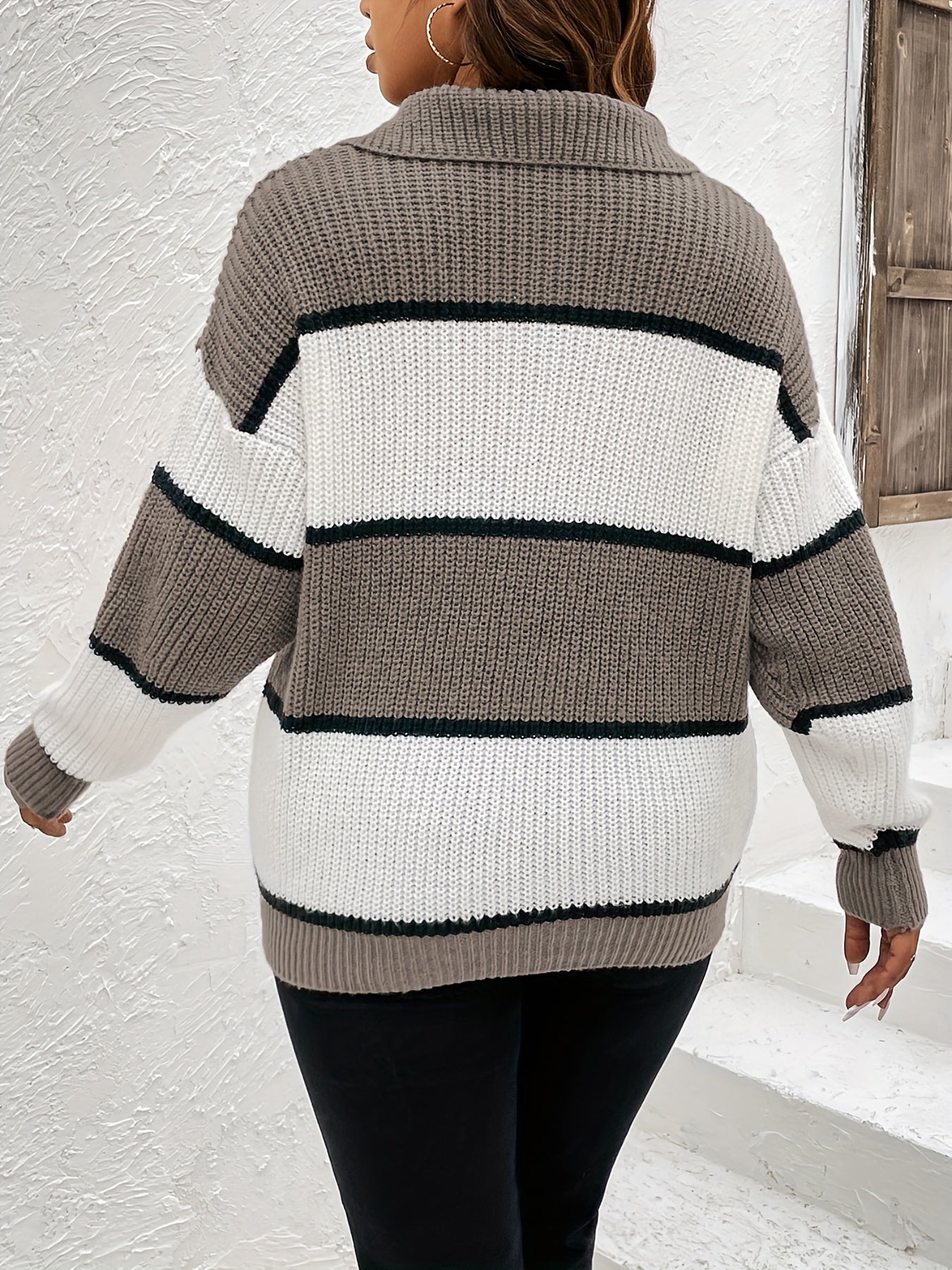 Sixsr Plus Size Deep V Neck Colorblock Long Sleeve Sweater, Women's Plus Loose Fit Drop Shoulder Casual Sweater