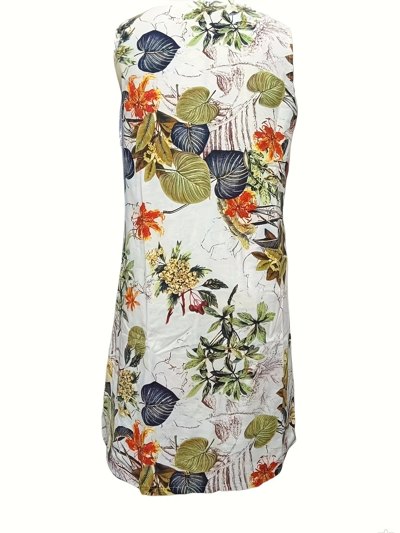 Leaves Print Crew Neck Tank Dress, Vintage Sleeveless Dress For Spring & Summer, Women's Clothing