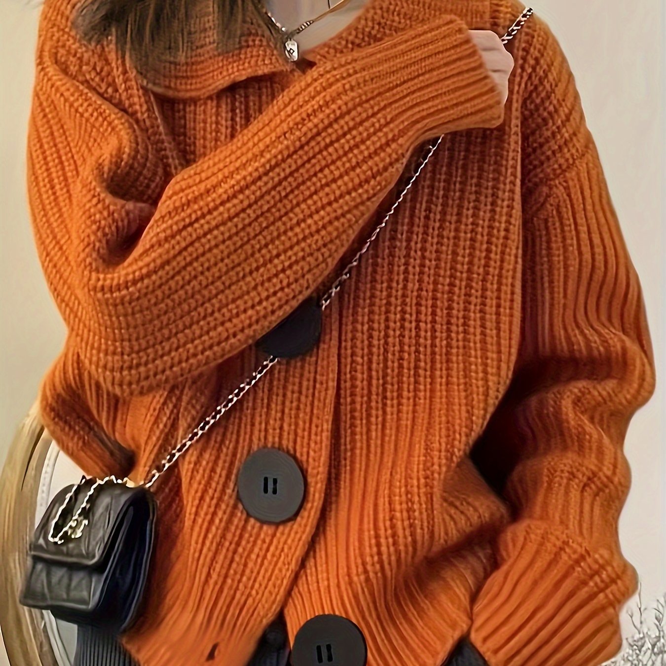 Sixsr Solid Button Down Knit Cardigan, Vintage Turndown Collar Long Sleeve Sweater, Women's Clothing