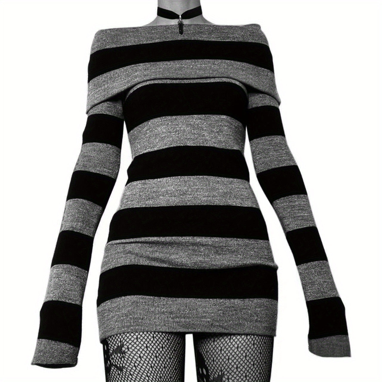 Sixsr Striped Print Foldover Dress, Casual Long Sleeve Bodycon Dress, Women's Clothing