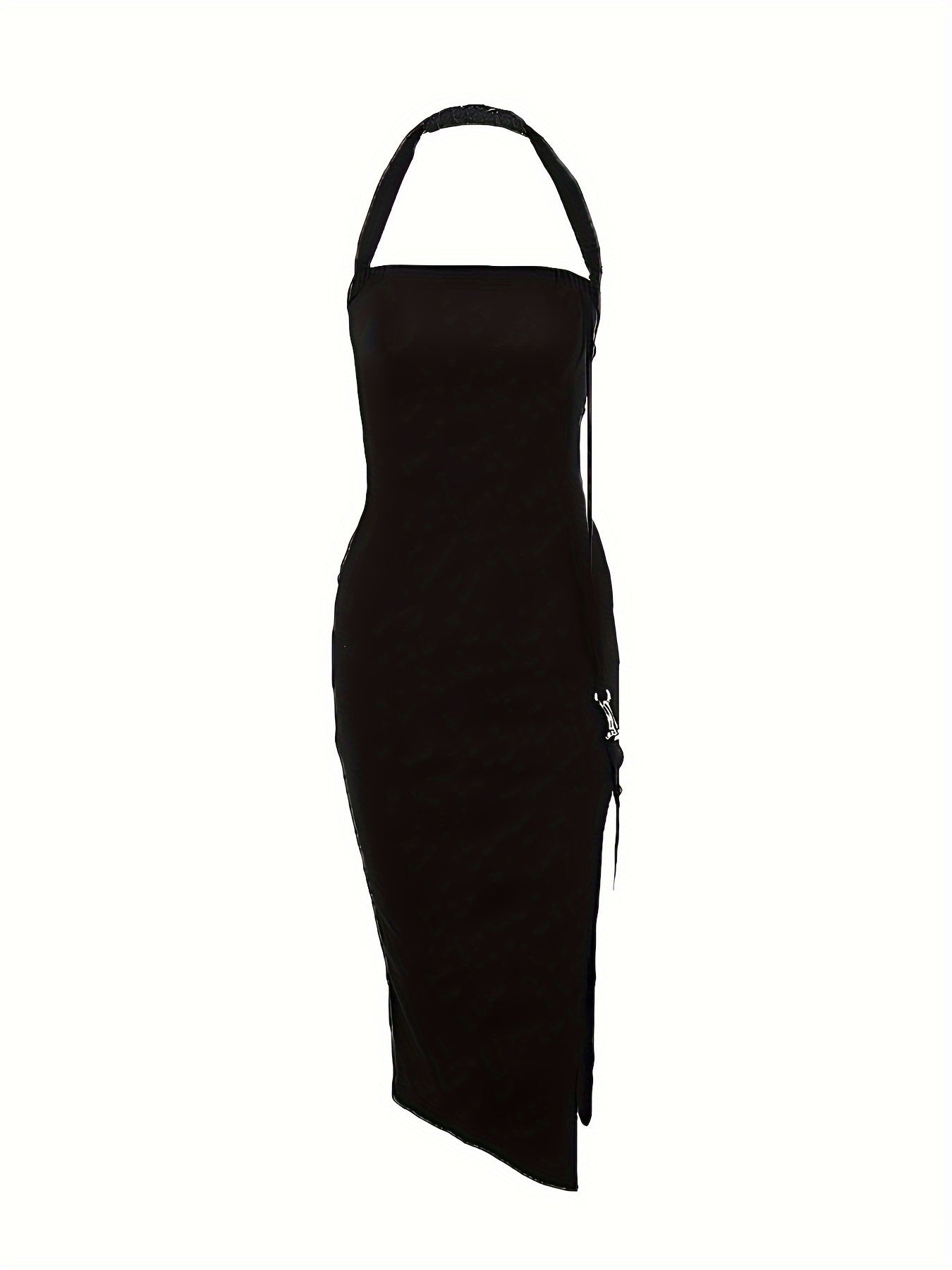 Solid Split Thigh Backless Halter Dress, Elegant Sleeveless Bodycon Dress, Women's Clothing