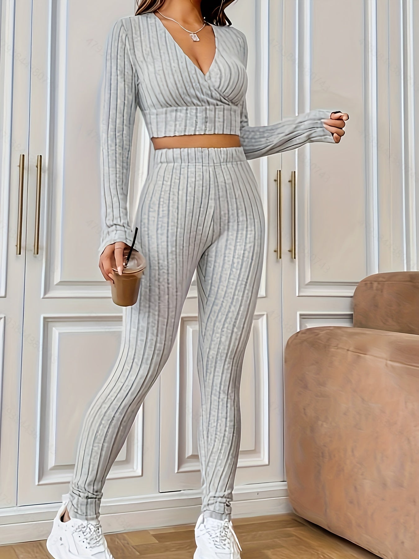 Sixsr Ribbed Solid Two-piece Set, V Neck Long Sleeve Cropped Tops & Slim Long Length Pants Outfits, Women's Clothing