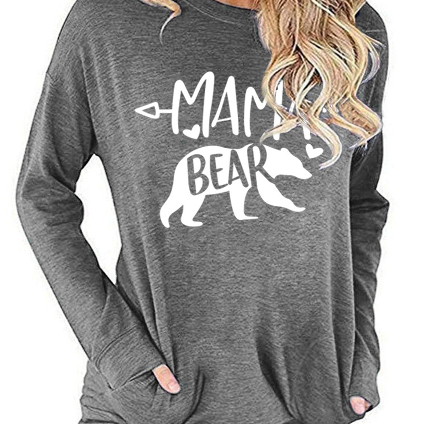 Sixsr Mamabear Bear Pattern Print T-shirt, Round Neck Long Sleeve Pullover T-Shirt, Women's Clothing