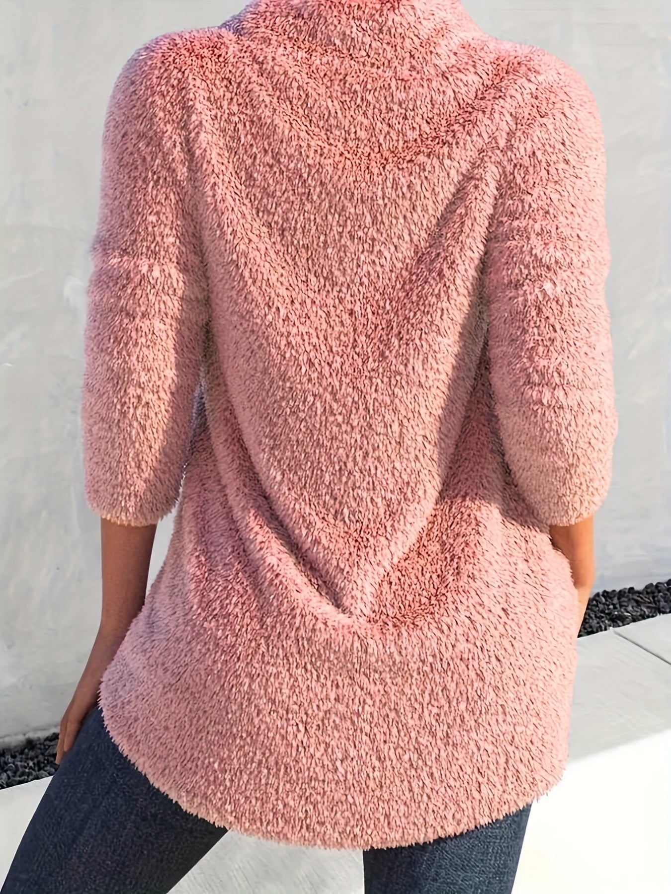 Sixsr Solid Cowl Neck Plush Tunics, Casual 3/4 Sleeve Warm Coat, Women's Clothing