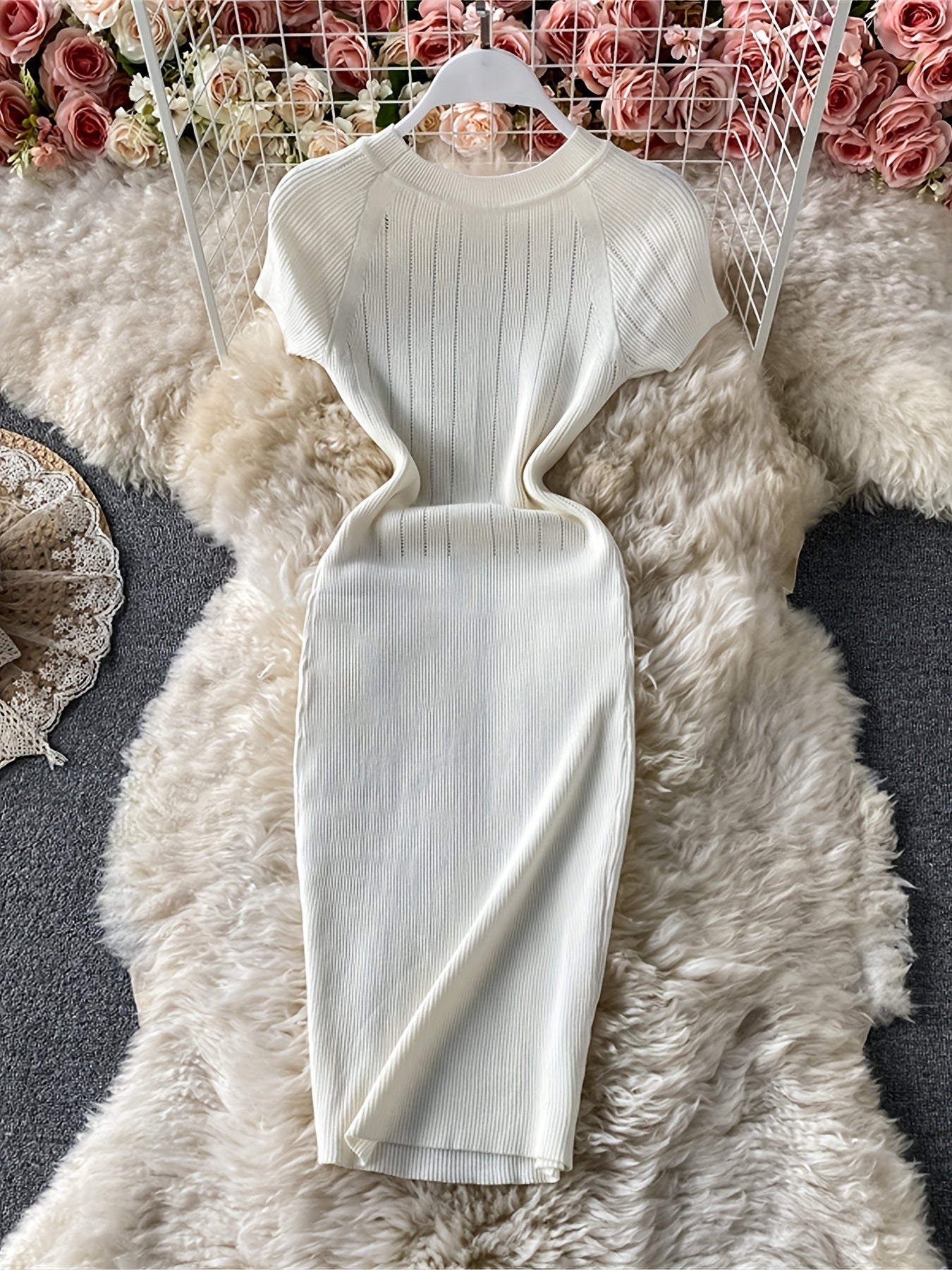 Sixsr Solid Buttons Dress, Elegant Crew Neck Short Sleeve Bodycon Dress, Women's Clothing