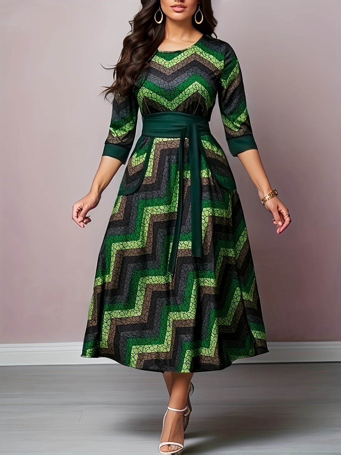 Sixsr Geo Print Tie Front Dress, Casual Pocket Crew Neck Half Sleeve Dress, Women's Clothing