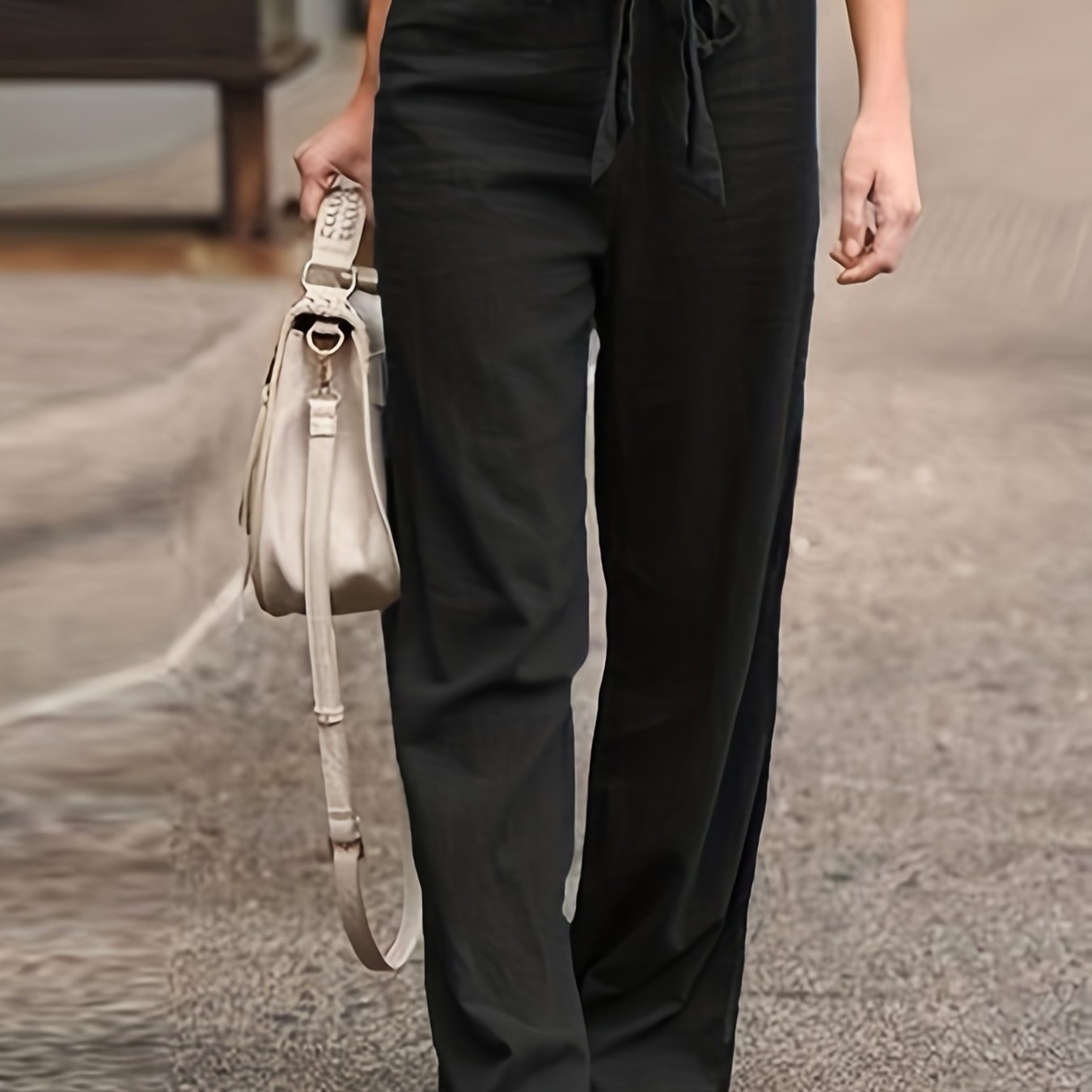 Sixsr Solid Tie Waist Pants, Casual High Waist Wide Leg Long Length Pants, Women's Clothing