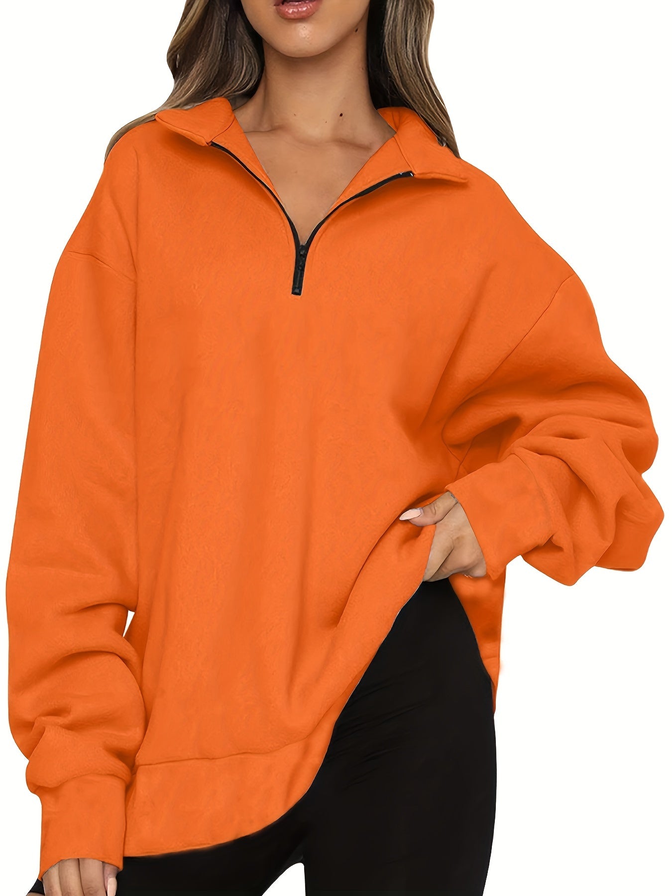 Sixsr Plus Size Casual Sweatshirt, Women's Plus Solid Long Sleeve Zip Up Lapel Collar Pullover Sweatshirt, Casual Tops For Fall & Winter, Women's Clothing