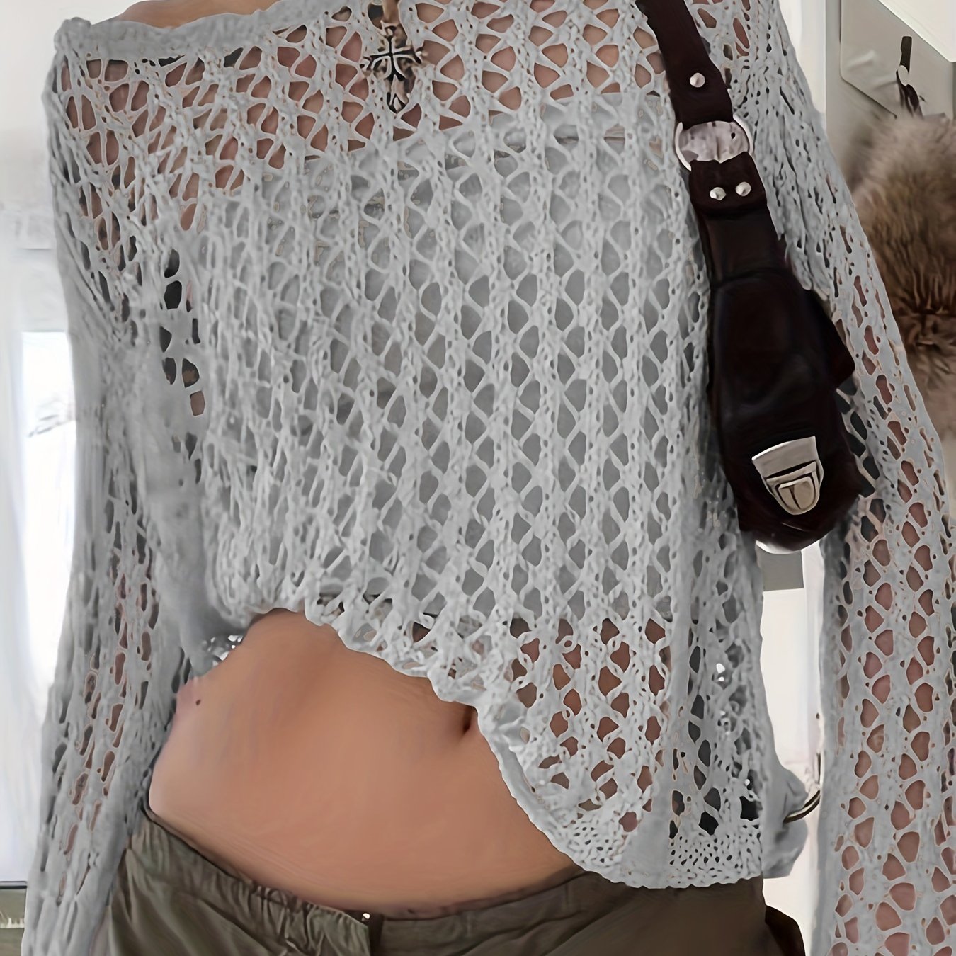 Sixsr Crochet Beach Wear Knit Sweater, Vacation Solid Crew Neck Long Sleeve Summer Sweater, Women's Clothing