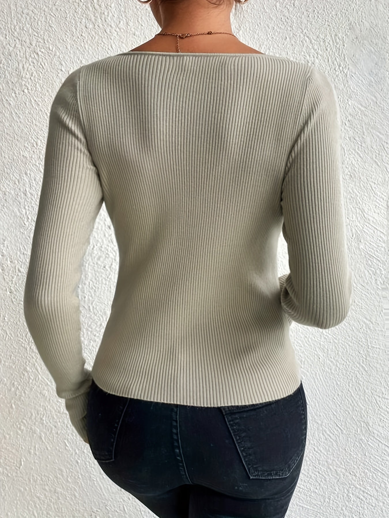 Sixsr Solid Sweetheart Neck Knitted Top, Elegant Long Sleeve Slim Sweater, Women's Clothing