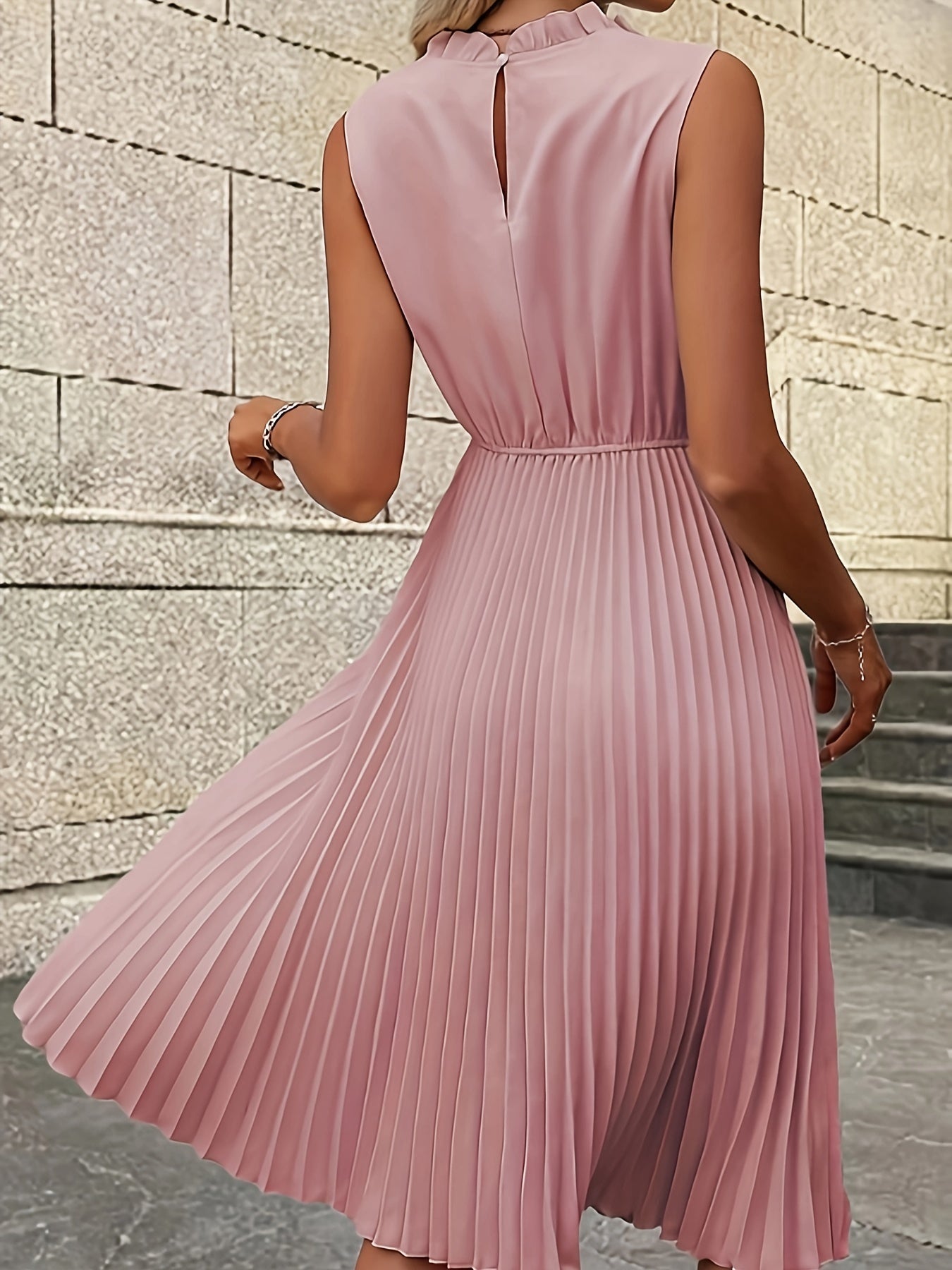 Pleated Sleeveless Dress, Casual Cinched Waist Solid Keyhole Dress, Women's Clothing