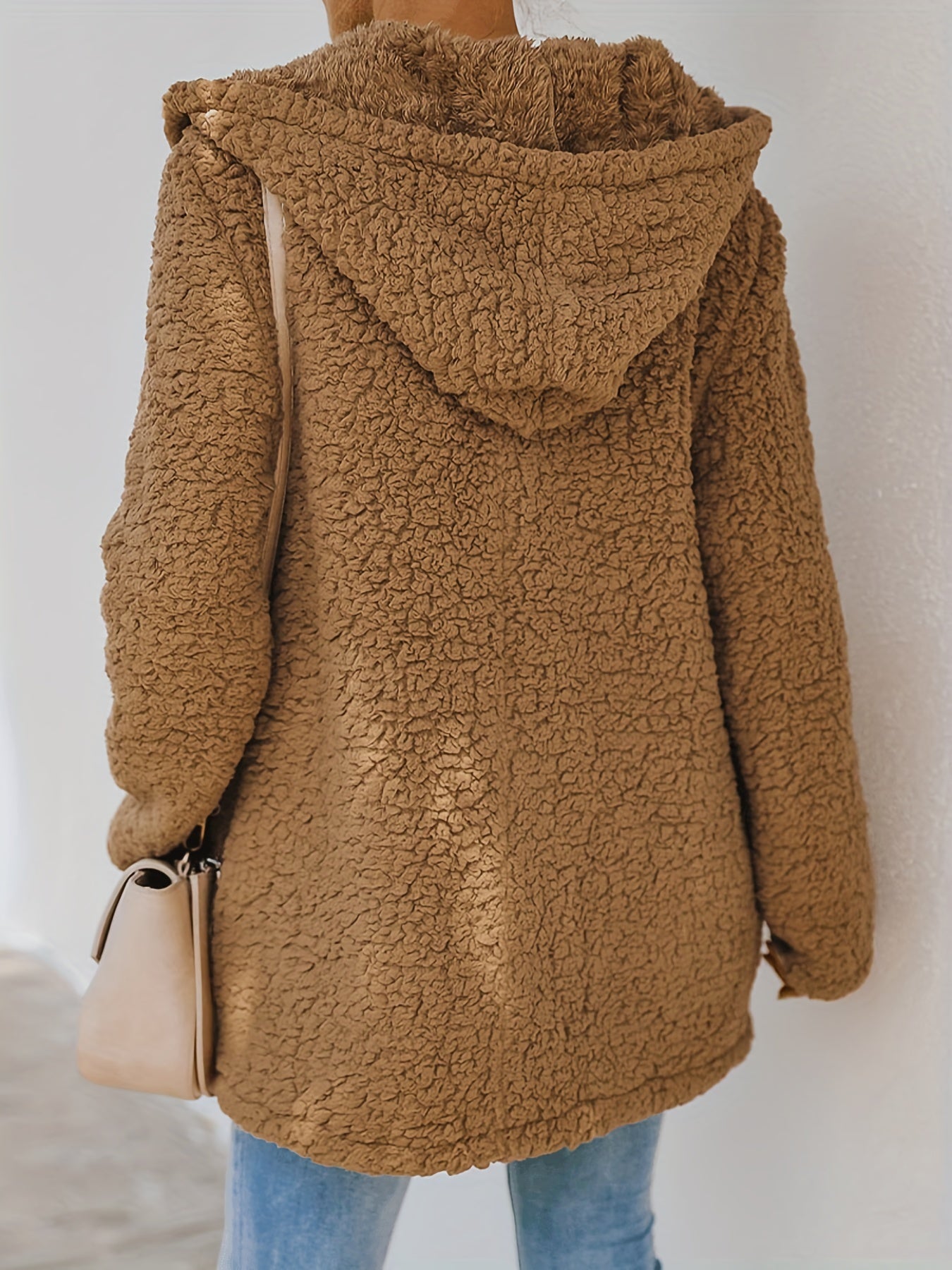 Sixsr Plus Size Casual Coat, Women's Plus Solid Fluffy Long Sleeve Zip Up Hooded Teddy Coat