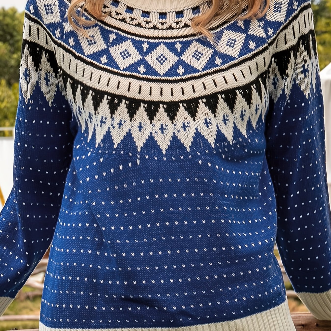 Sixsr Plus Size Boho Sweater, Women's Plus Geo Patterned Long Sleeve Crew Neck Medium Stretch Pullover Jumper