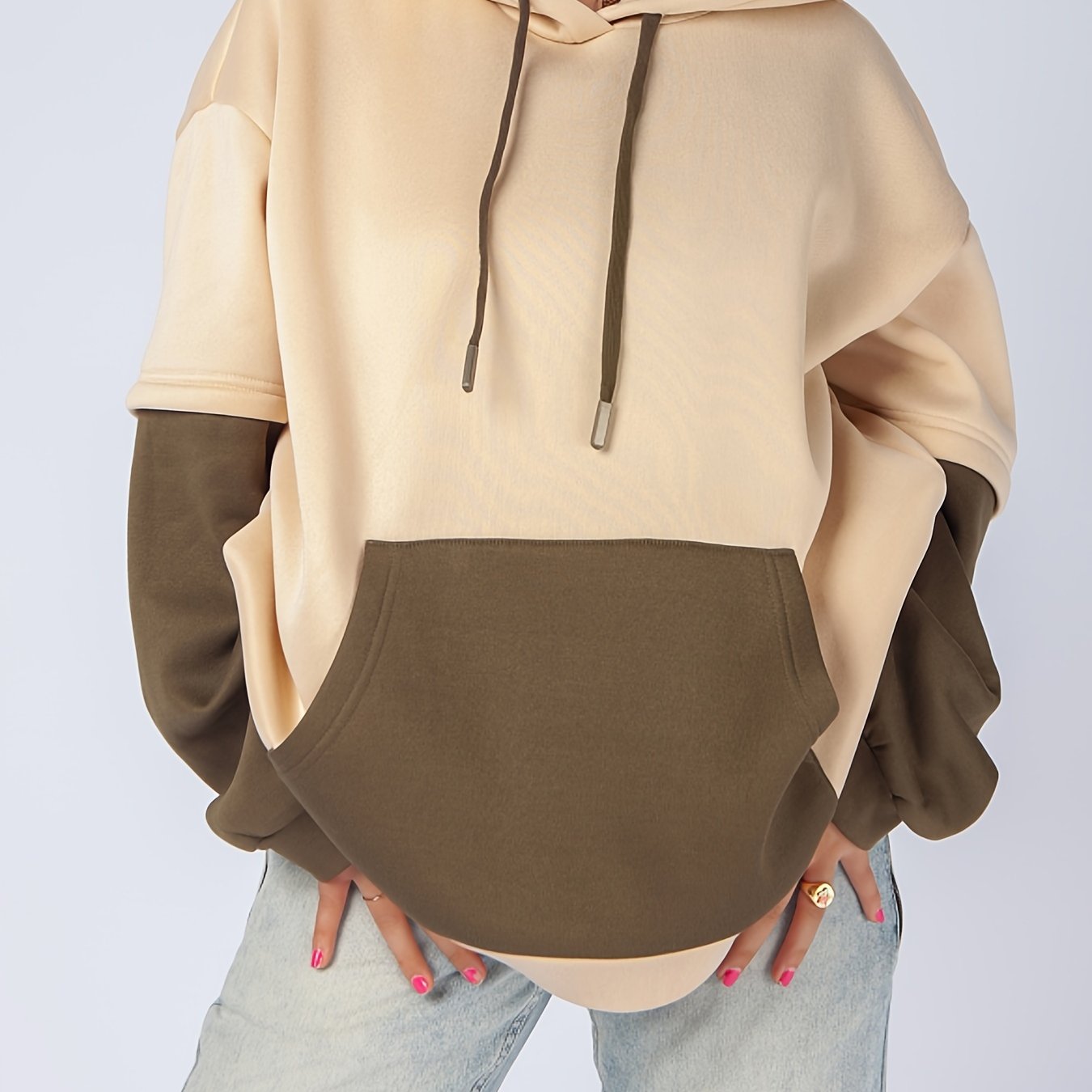 Sixsr Plus Size Casual Sweatshirt, Women's Plus Colorblock Long Sleeve Slight Stretch Drawstring Hoodie With Giant Pocket