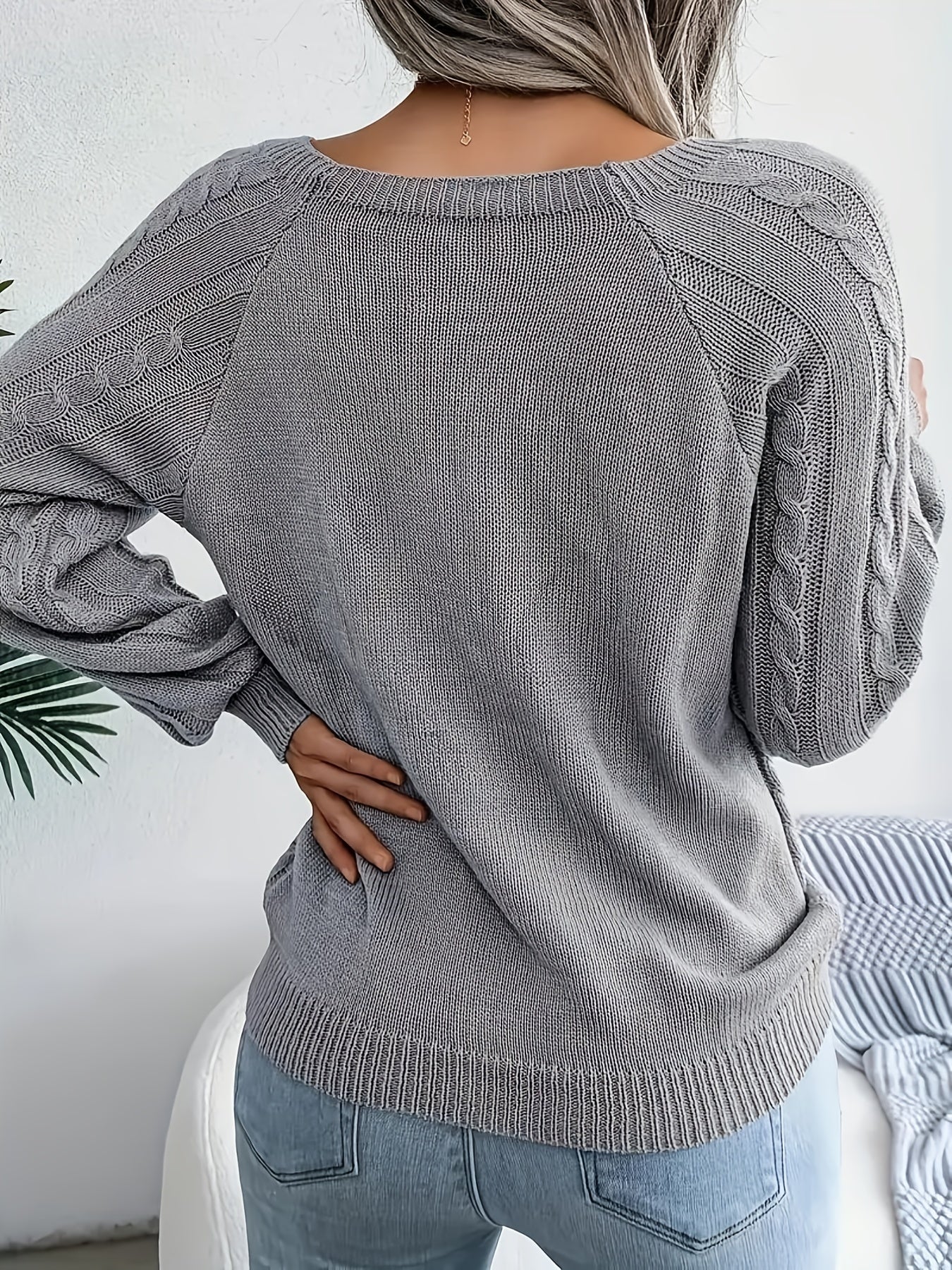 Sixsr Plus Size Casual Sweater, Women's Plus Solid Jacquard Lantern Sleeve Boat Neck Pullover Sweater