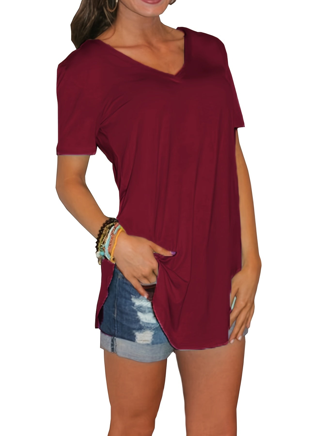 Sixsr Hem Arc Spilt Hem T-shirt, Casual V Neck Short Sleeve Summer T-shirt, Women's Clothing