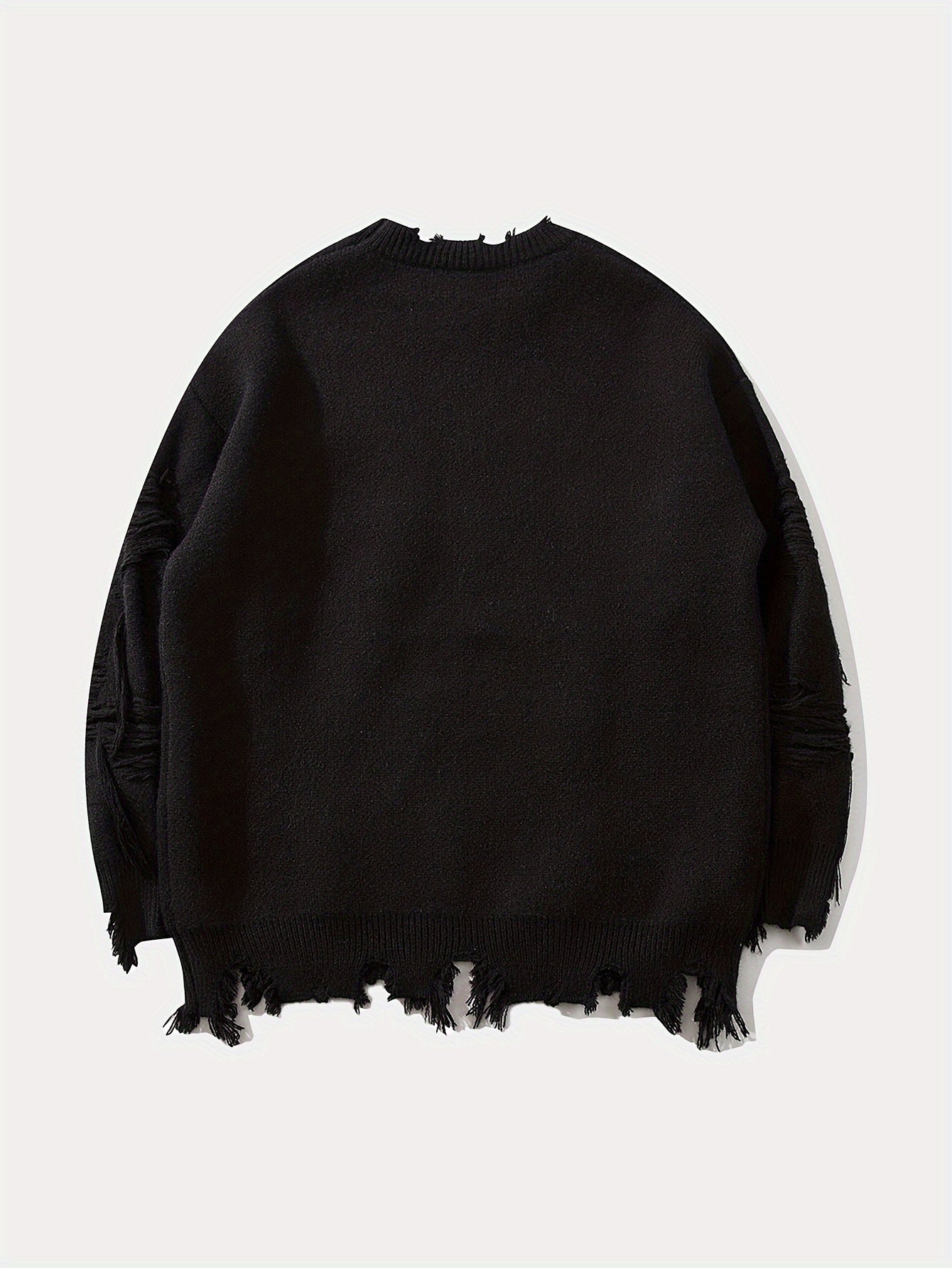 Sixsr Men's Stylish Letters Pattern Ripped Knitted Pullover, Casual Breathable Long Sleeve Crew Neck Top For City Walk Street Hanging Outdoor Activities