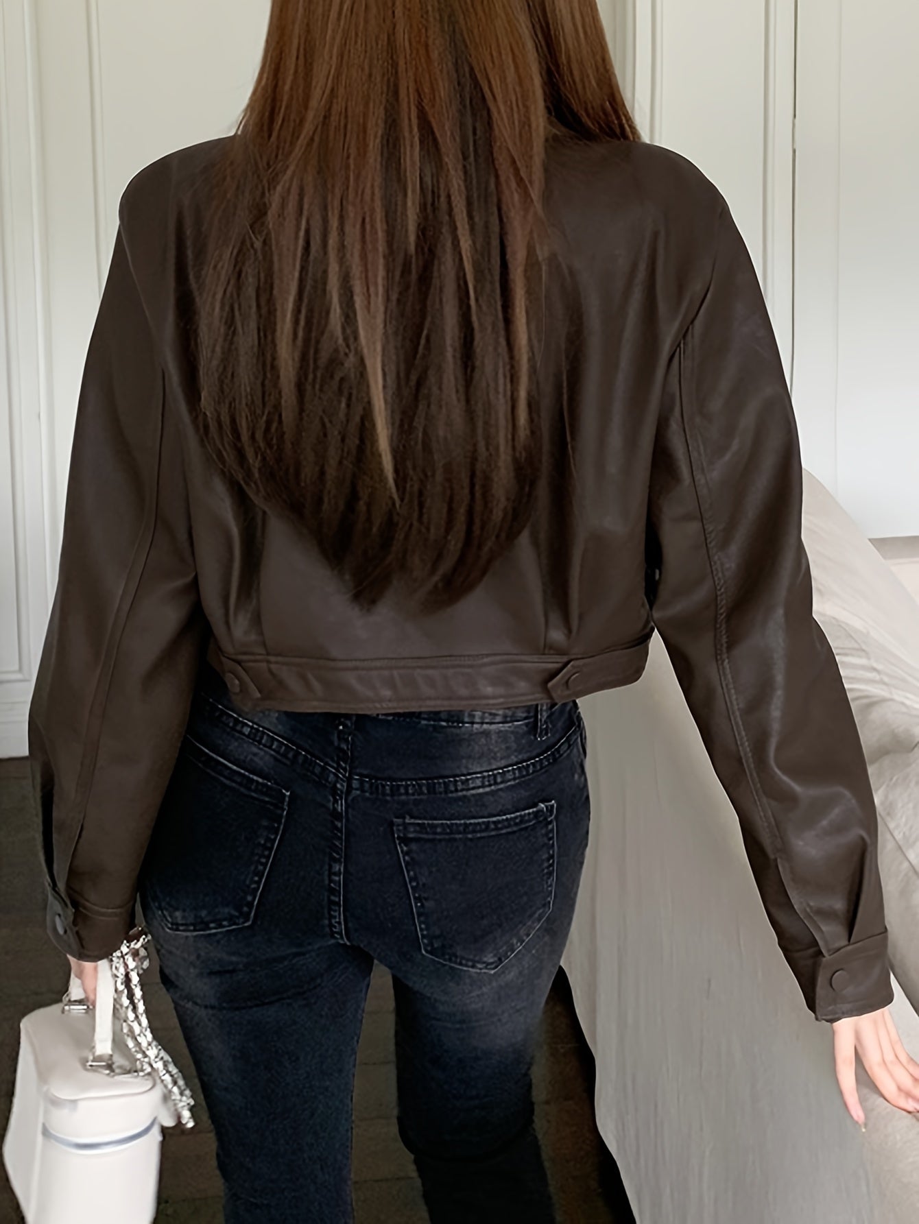 Sixsr Faux Leather Zip-up Jacket, Casual Long Sleeve Crop Biker Jacket For Fall & Winter, Women's Clothing