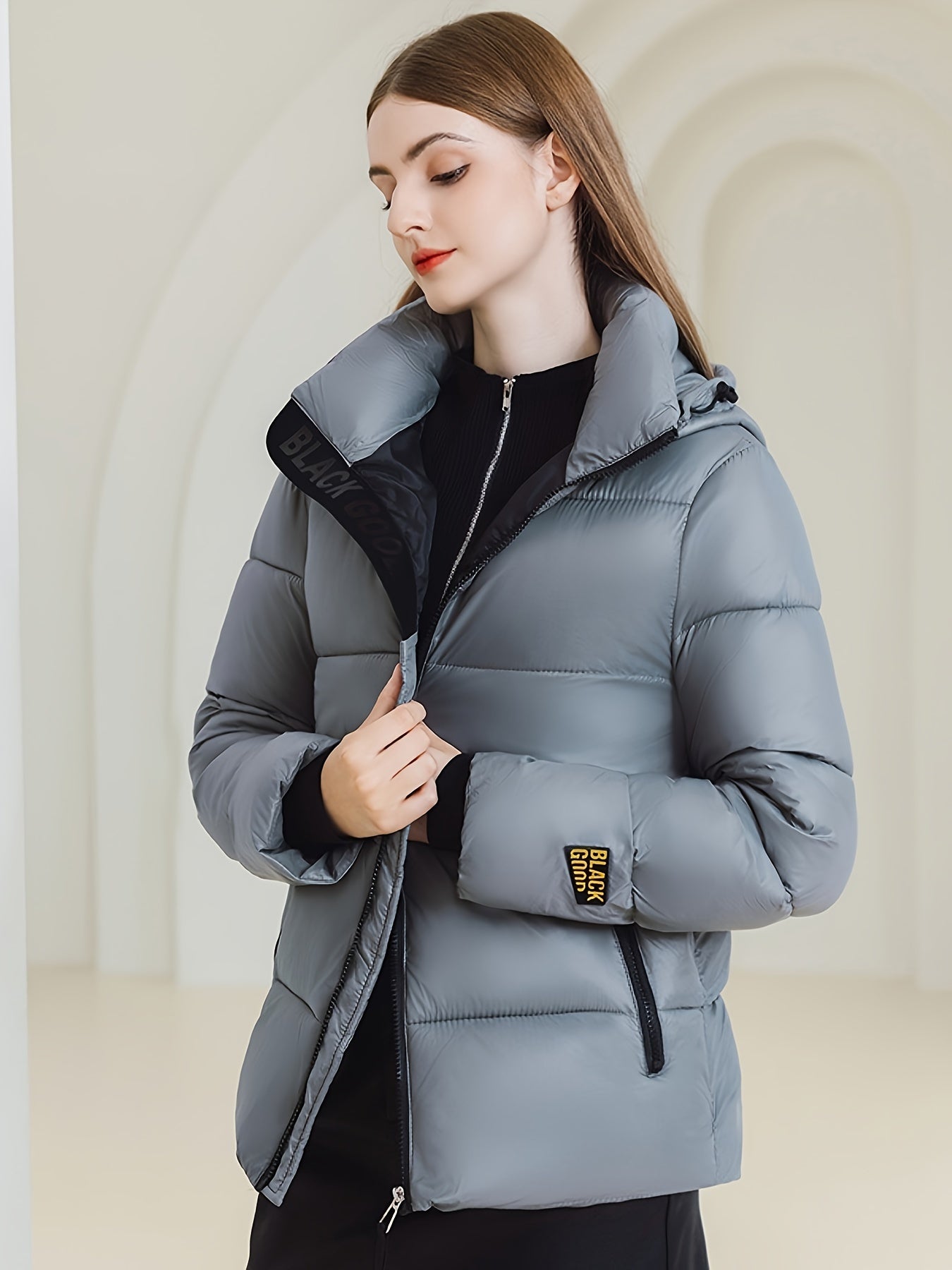 Sixsr Solid Zipper Front Hooded Coat, Versatile Long Sleeve Warm Winter Outwear, Women's Clothing
