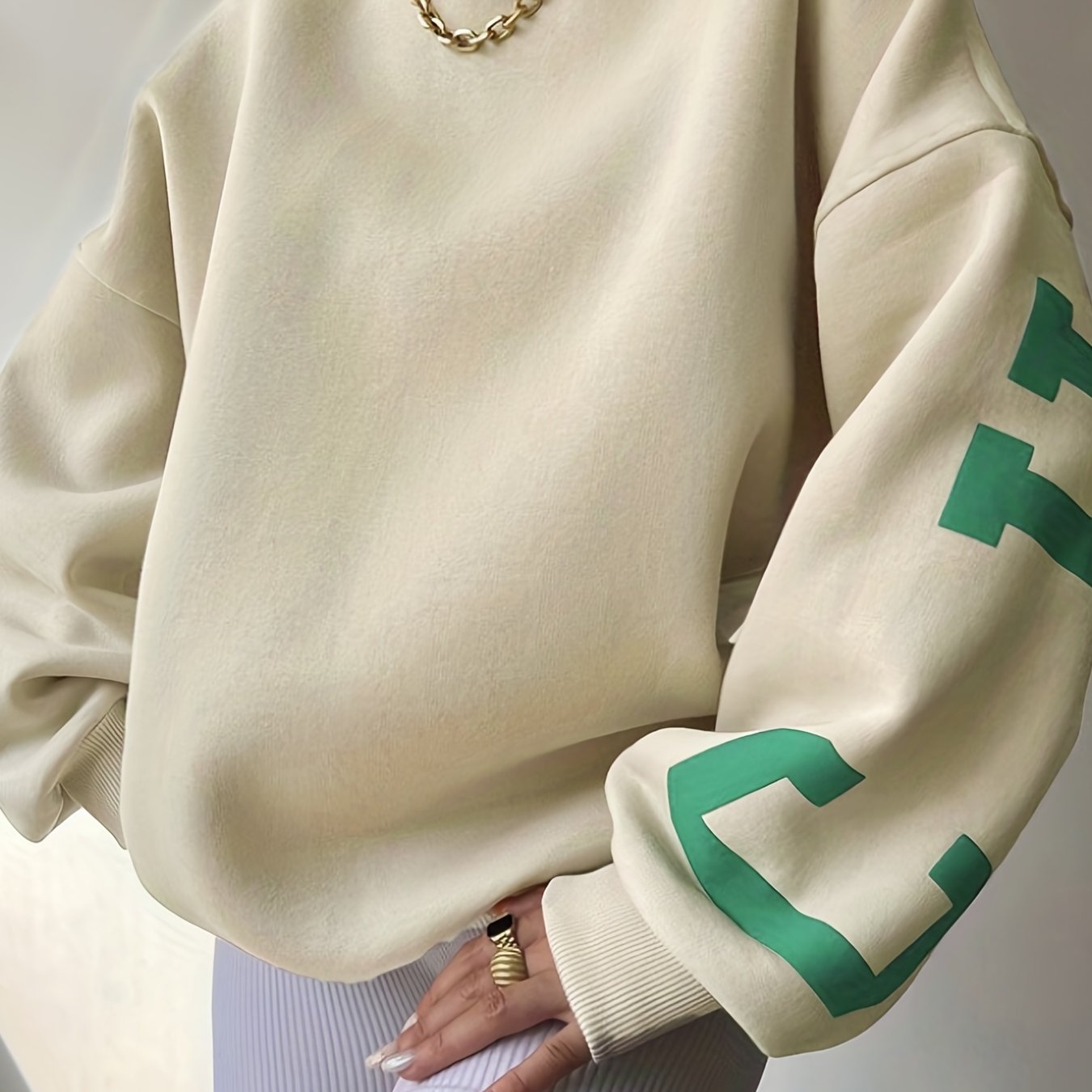 Sixsr Women Oversized Thermal Letter Graphic Print Sweatshirt Aesthetic Crew Neck Long Sleeve Drop Shoulder Pullover