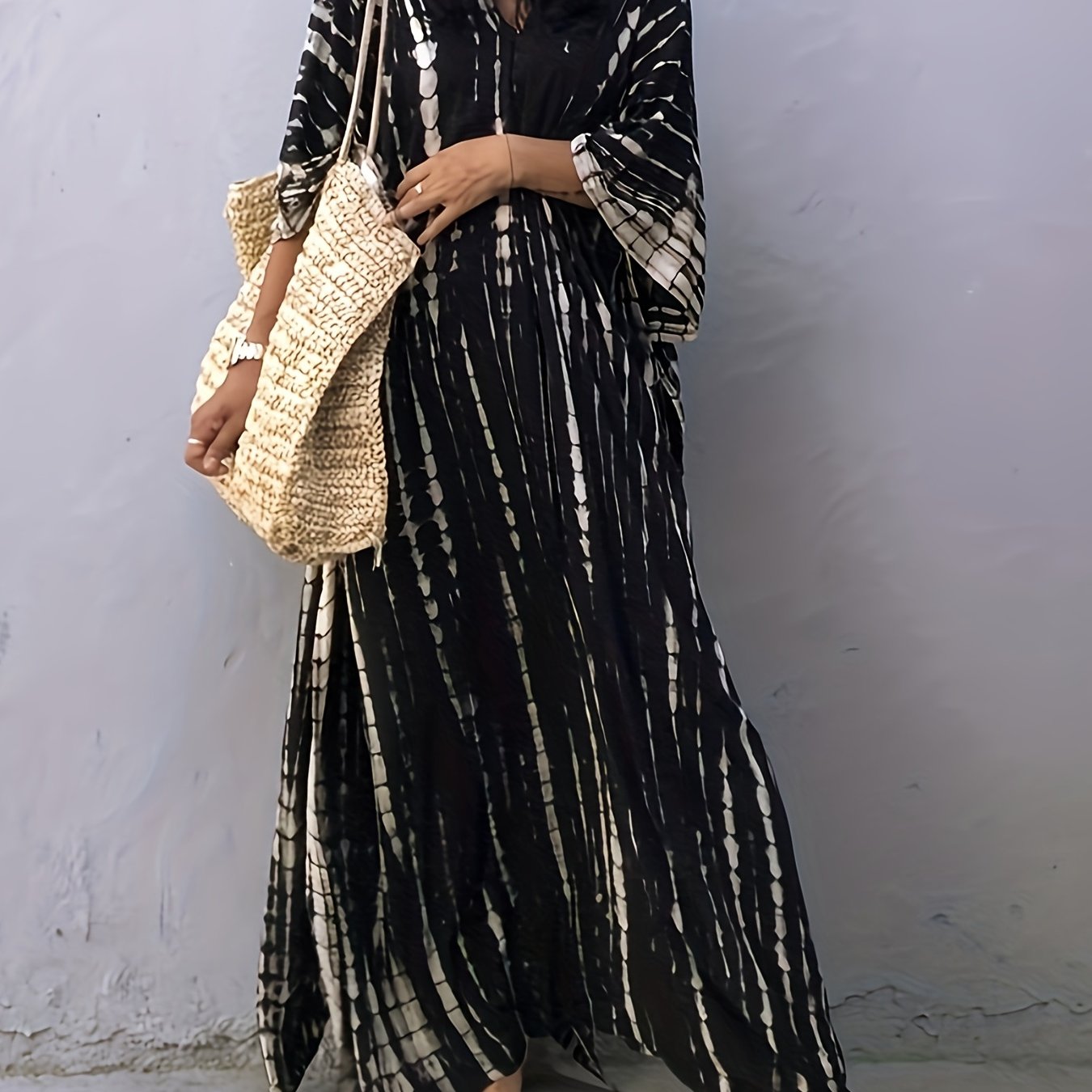 Sixsr V Neck Oversized Kaftan Dress, Bohemian Loose Beach Vacation Dress, Women's Clothing