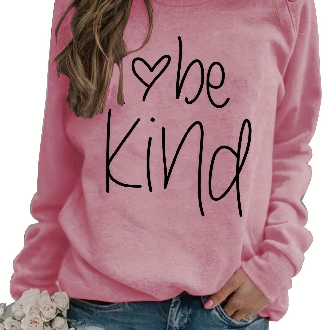 Sixsr Be Kind Letter Print Sweatshirt, Long Sleeve Crew Neck Pullover Sweatshirt, Casual Tops For Fall & Winter, Women's Clothing