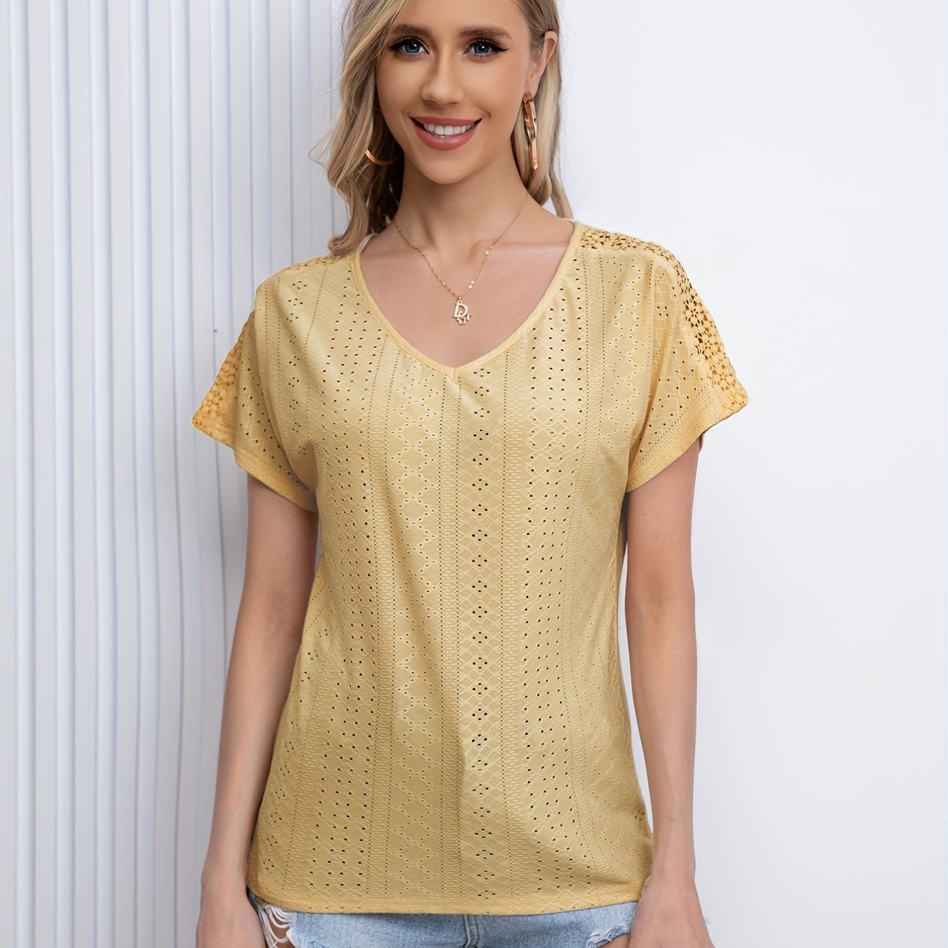 Sixsr V Neck Eyelet T-Shirt, Solid Short Sleeve Casual Top For Summer & Spring, Women's Clothing