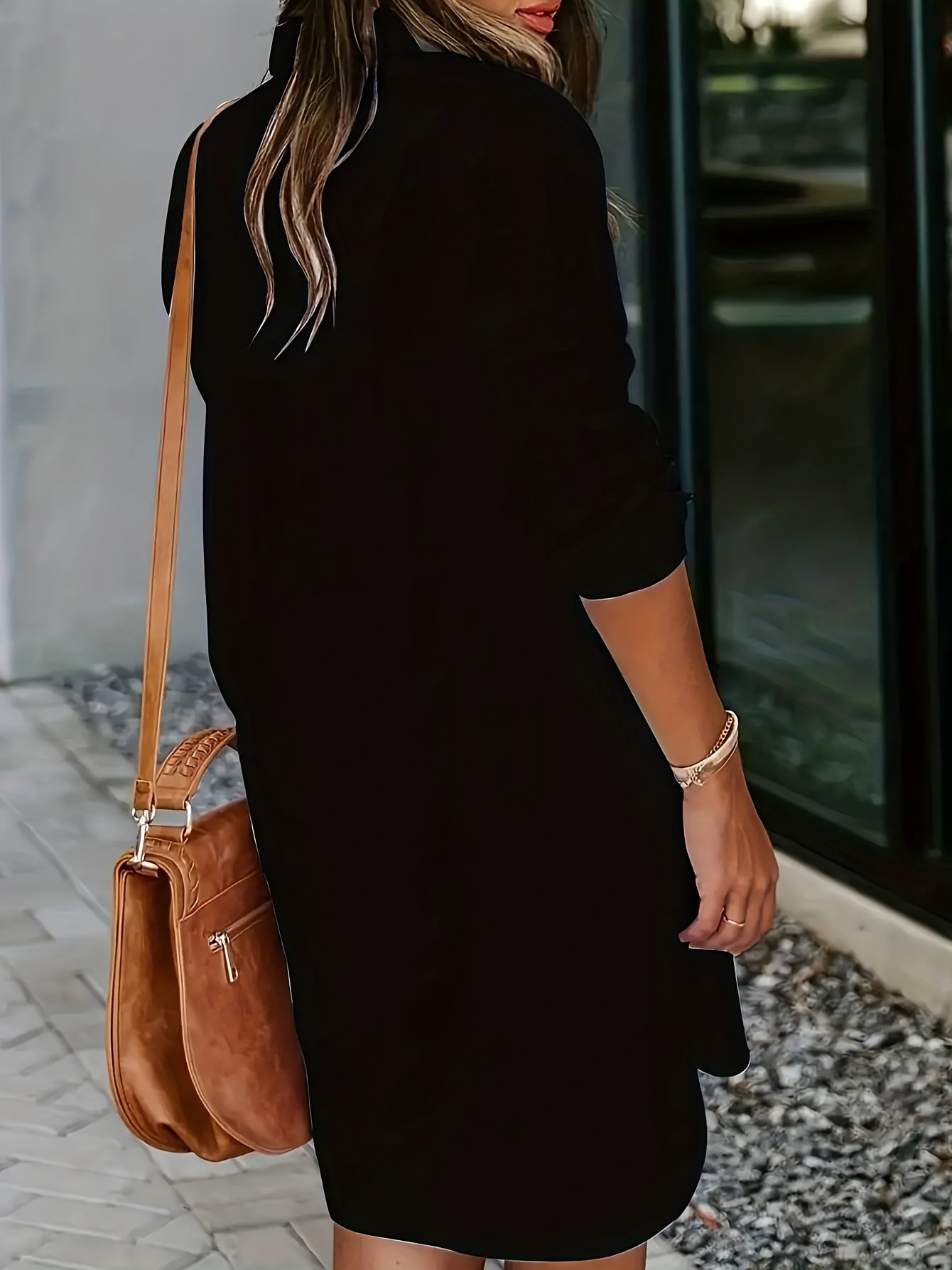 Sixsr Button Front Shirt Dress, Sexy 3/4 Sleeve Solid Turn Down Collar Dress, Women's Clothing
