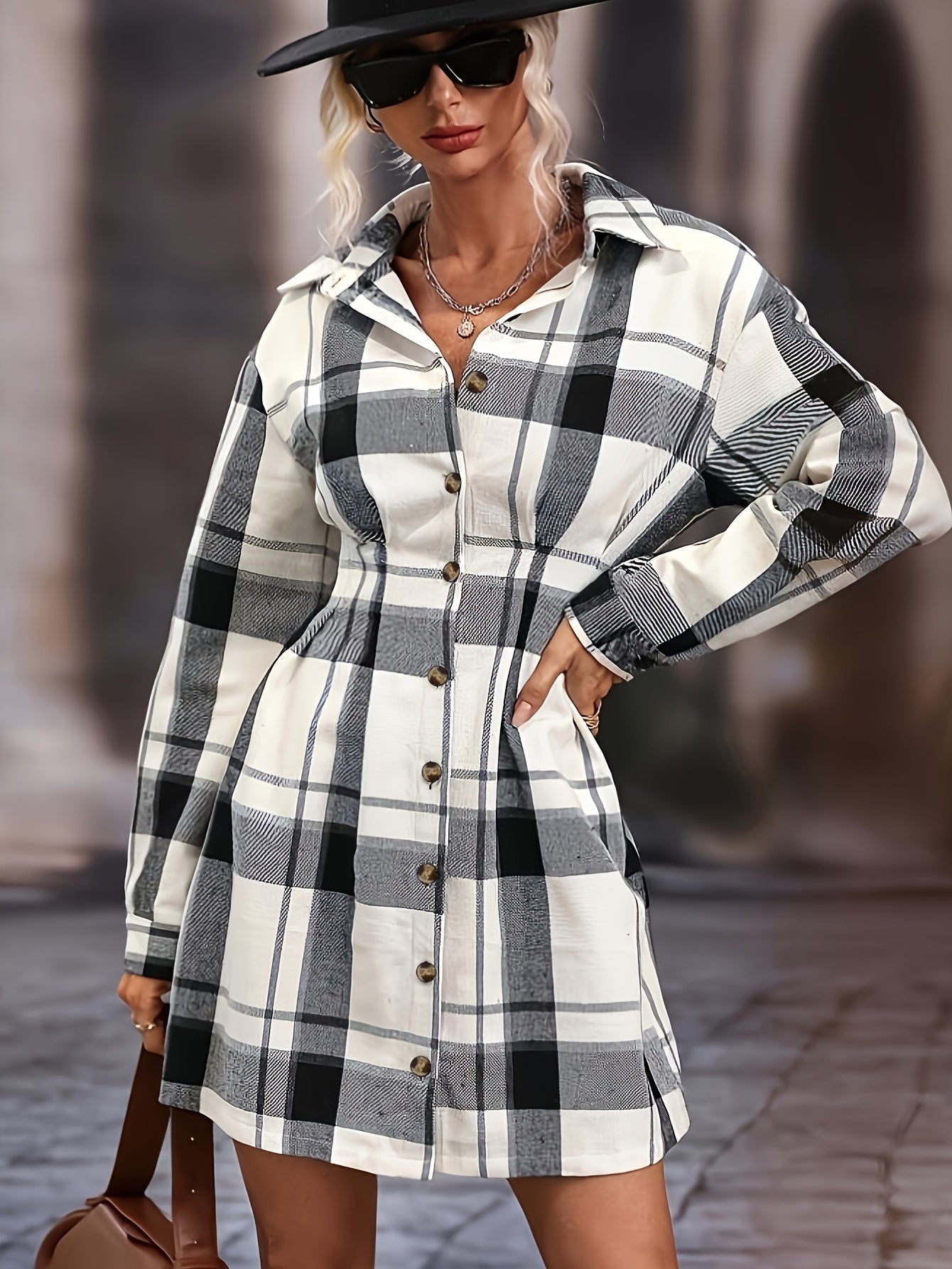 Sixsr Plaid Print Shirt Dress, Casual Button Front Long Sleeve Dress, Women's Clothing