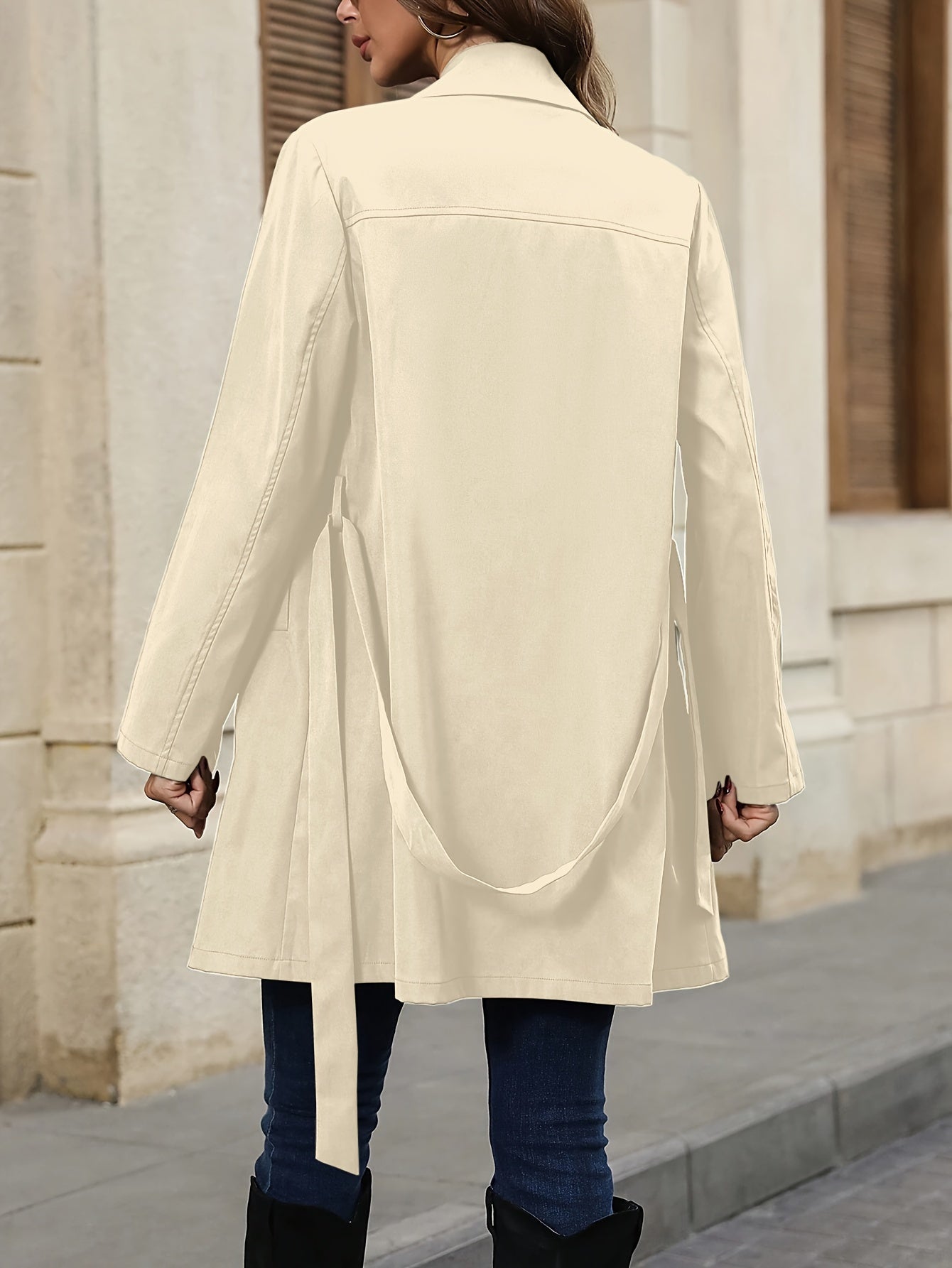 Sixsr Solid Color Open Front Trench Jacket, Elegant Lapel Neck Zipper Long Sleeve Button Jacket, Women's Clothing