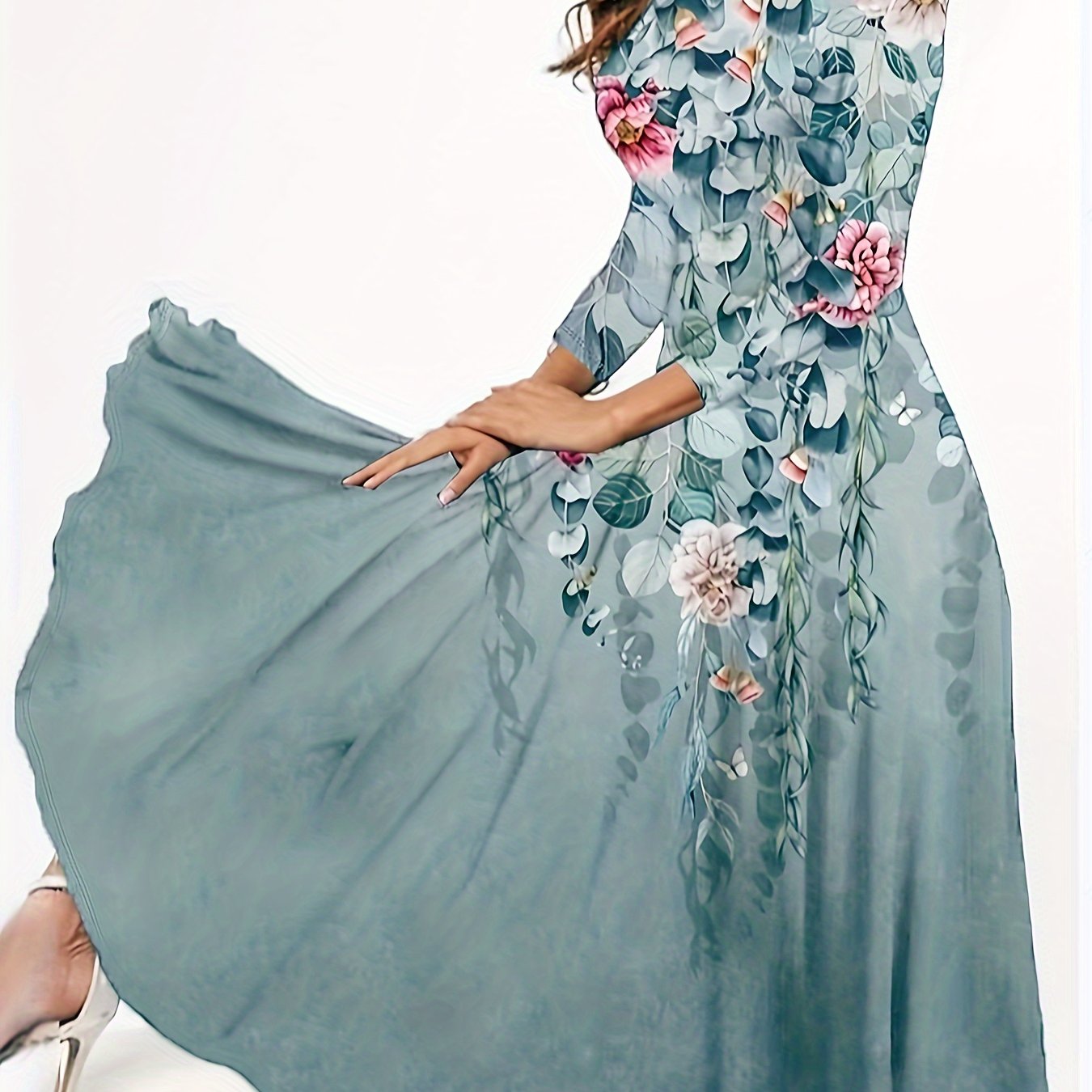 Sixsr Vintage Floral Print Dress, Elegant Crew Neck Long Sleeve Dress, Women's Clothing