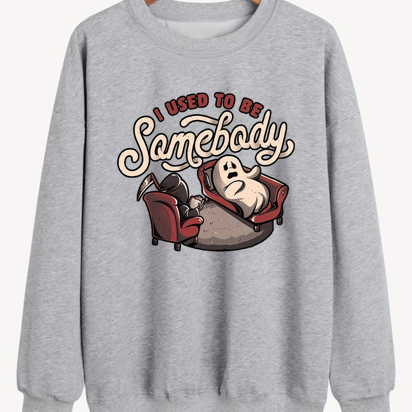 Sixsr Plus Size Halloween Sweatshirt, Women's Plus Funny Ghost & Slogan Print Long Sleeve Round Neck Slight Stretch Party Sweatshirt