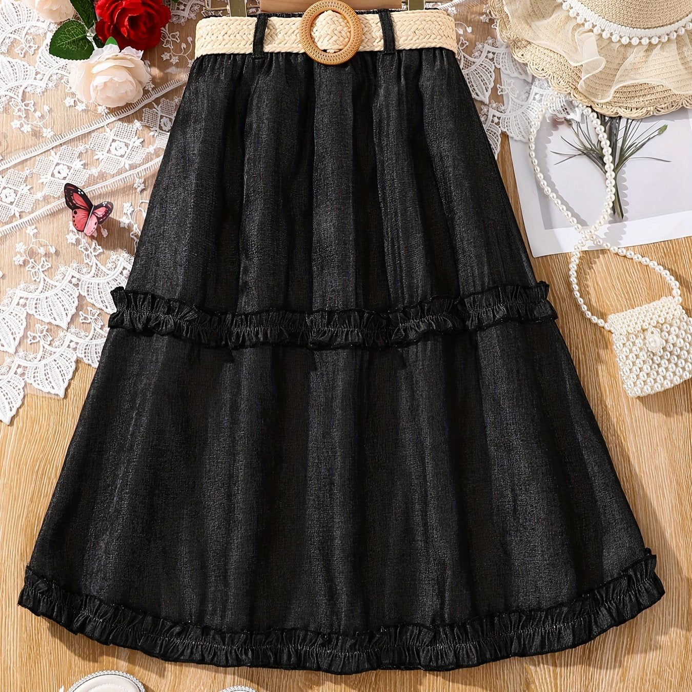 Girls' Skirts High Waist Belted Smocked Hem A-line Long Skirt For Party Going Out