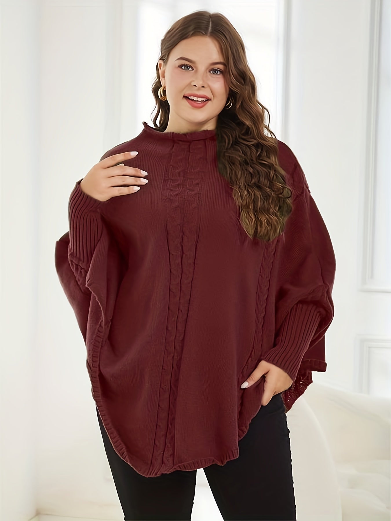 Sixsr Plus Size Casual Sweater, Women's Plus Jacquard High Neck Bat Sleeve Pullover Sweater