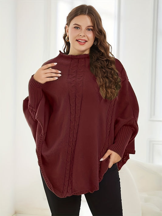 Sixsr Plus Size Casual Sweater, Women's Plus Jacquard High Neck Bat Sleeve Pullover Sweater