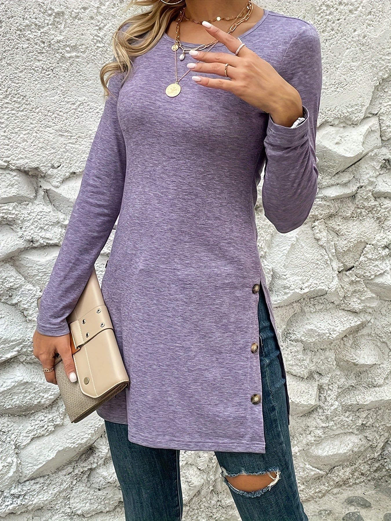 Sixsr Solid Color Crew Neck Long Sleeve Middle Length Slit Hem T-Shirts, Stylish Fall Winter Tops, Women's Clothing