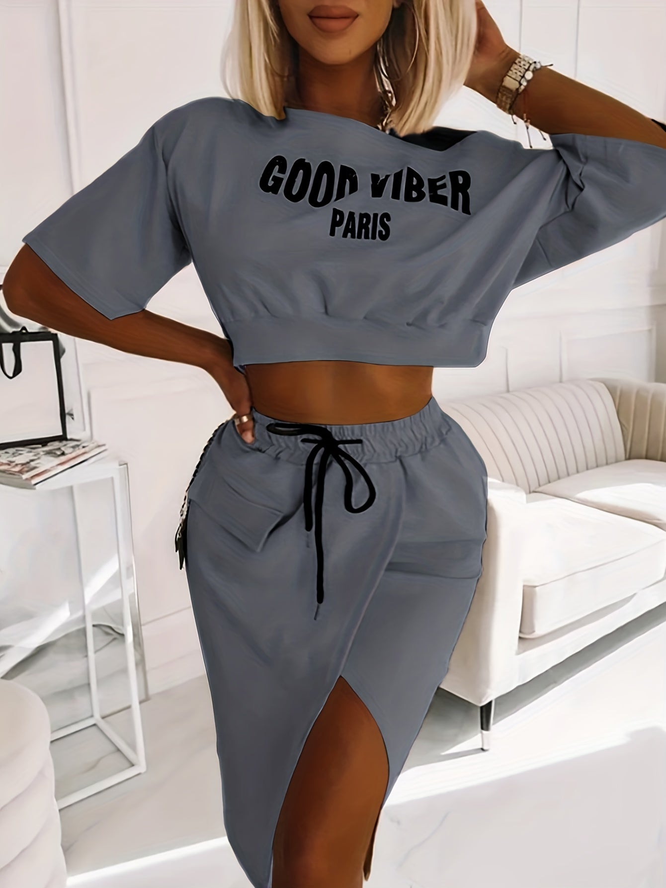 Plus Size Casual Outfits Two Piece Set, Women's Plus Letter Print One Shoulder Short Sleeve Top & Drawstring Split Hem Knee Length Skirt Outfits 2 Piece Set