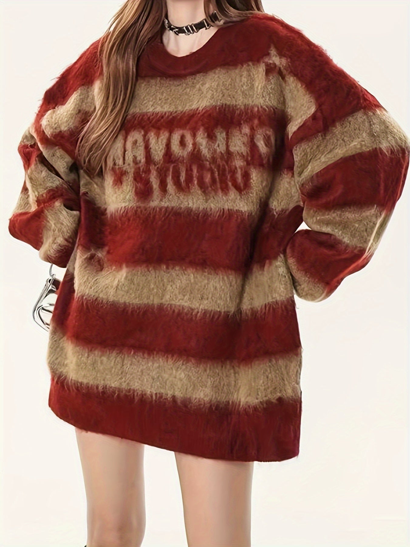 Sixsr Letter Pattern Striped Knit Sweater, Casual Long Sleeve Pullover Sweater, Women's Clothing