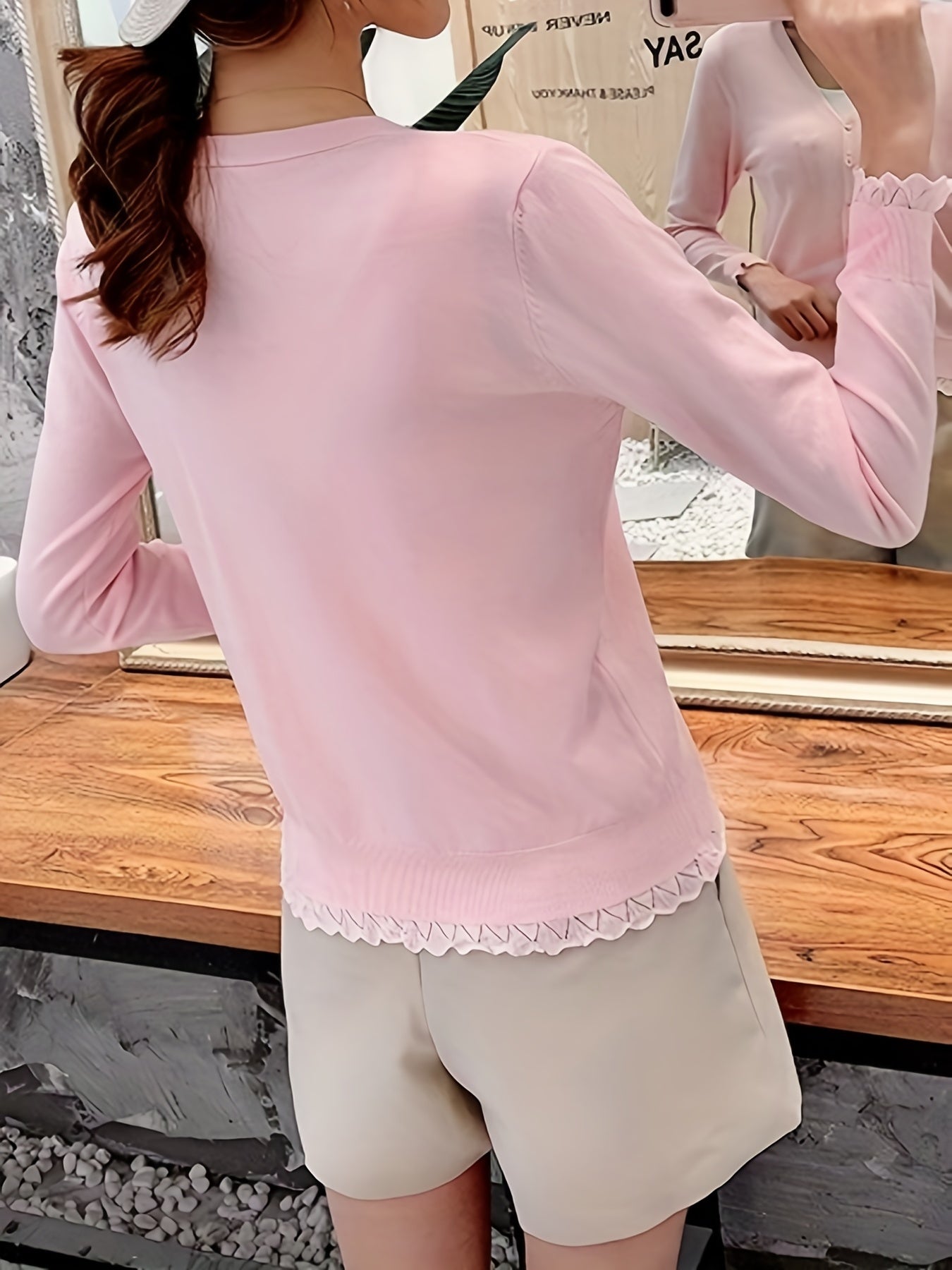 Sixsr Button Front Lettuce Trim Knit Cardigan, Casual Solid V Neck Long Sleeve Sweater For Spring & Summer, Women's Clothing